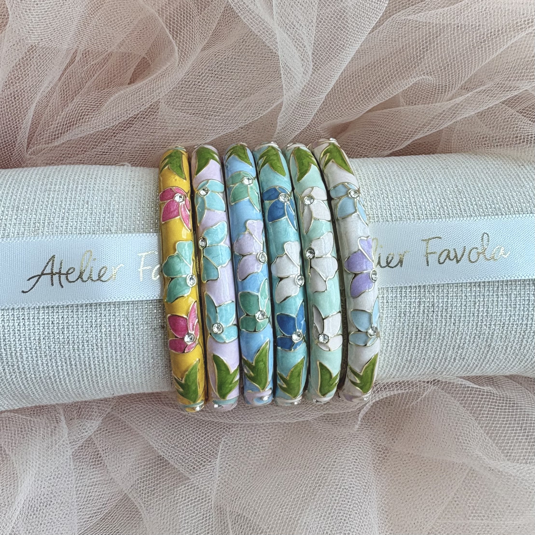 Cloisonné Enamel Bangles -Lotus Flower Gold Stacking Bracelets