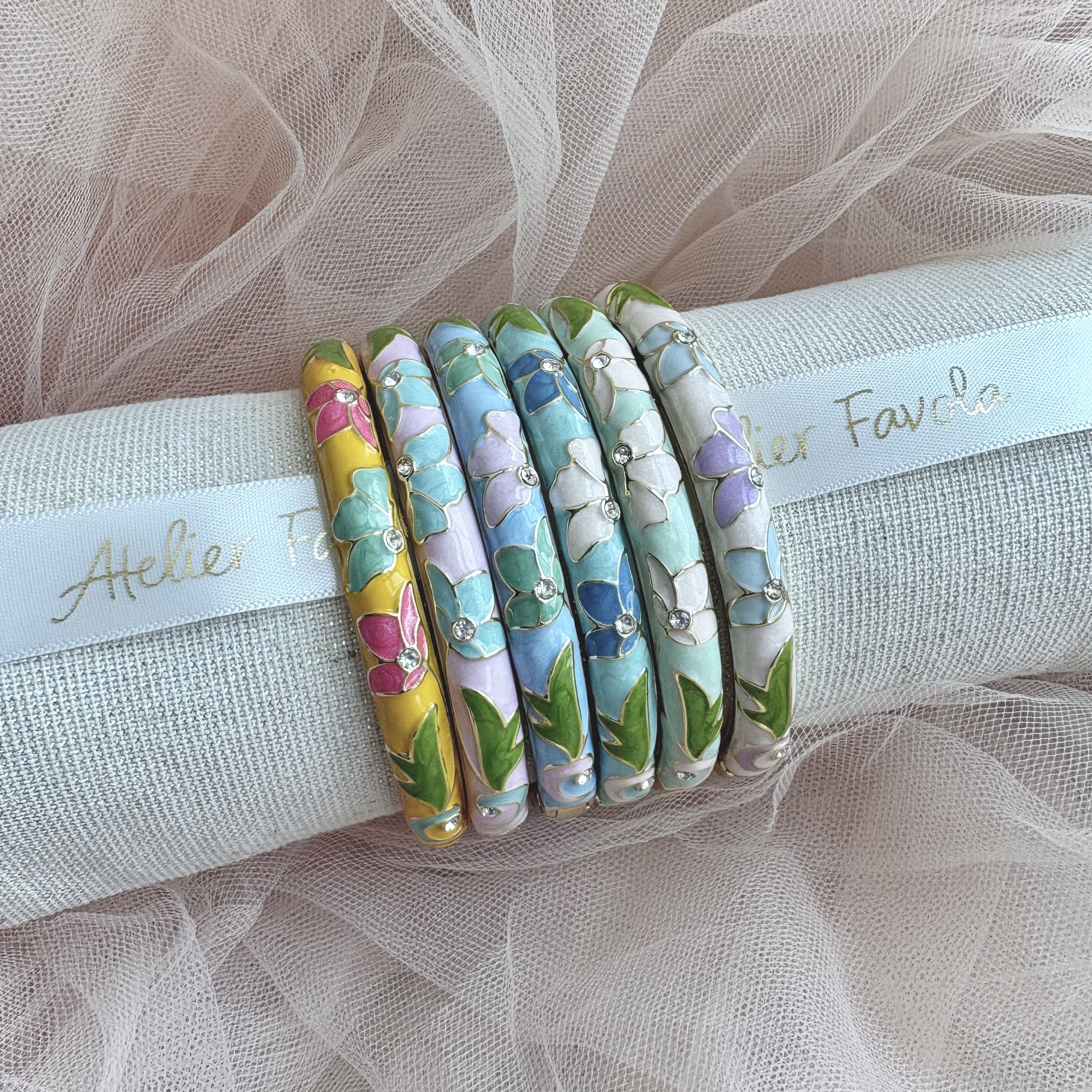 Cloisonné Enamel Bangles -Lotus Flower Gold Stacking Bracelets