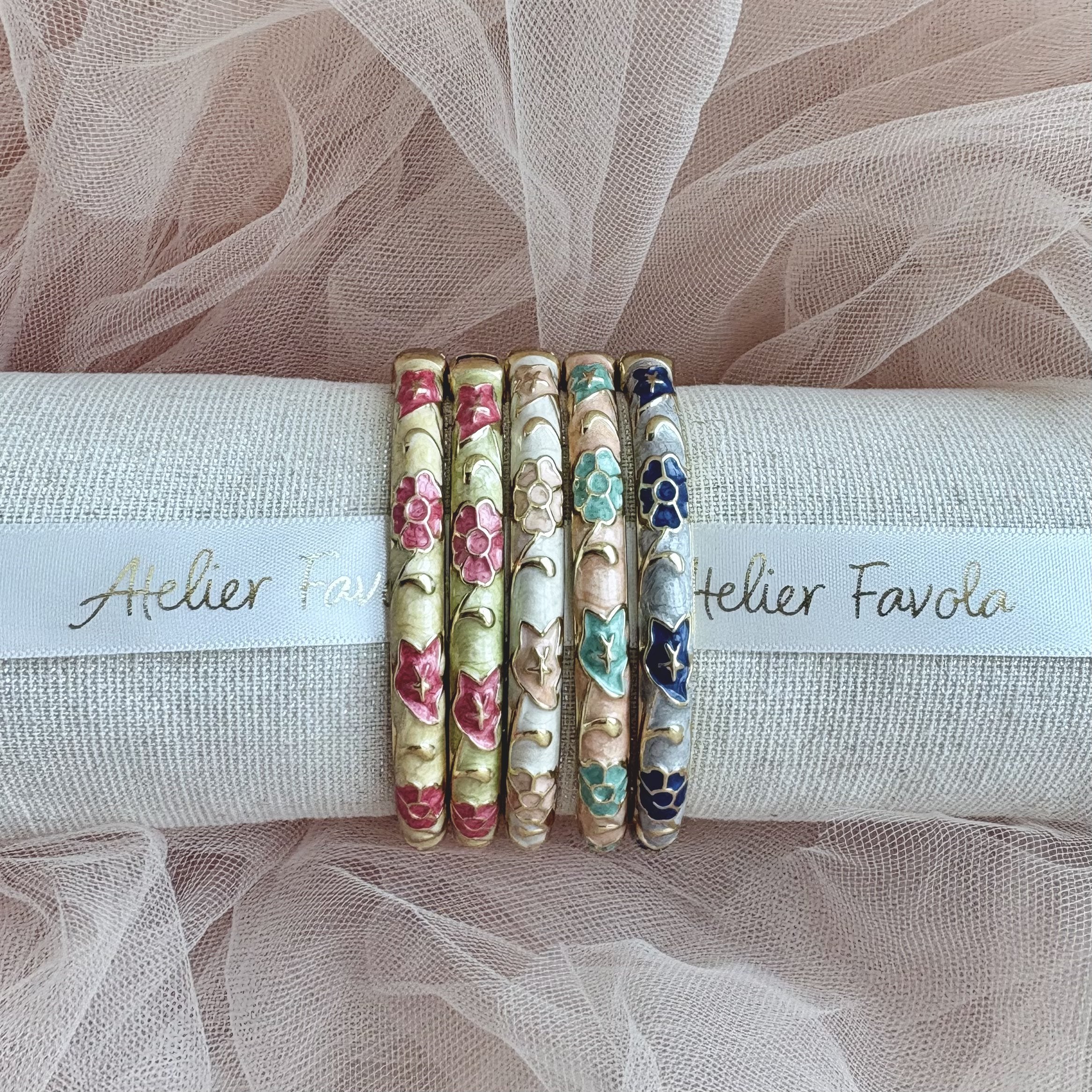 Cloisonné Enamel Bangles - Maple Moonflower Gold Stacking Bracelets