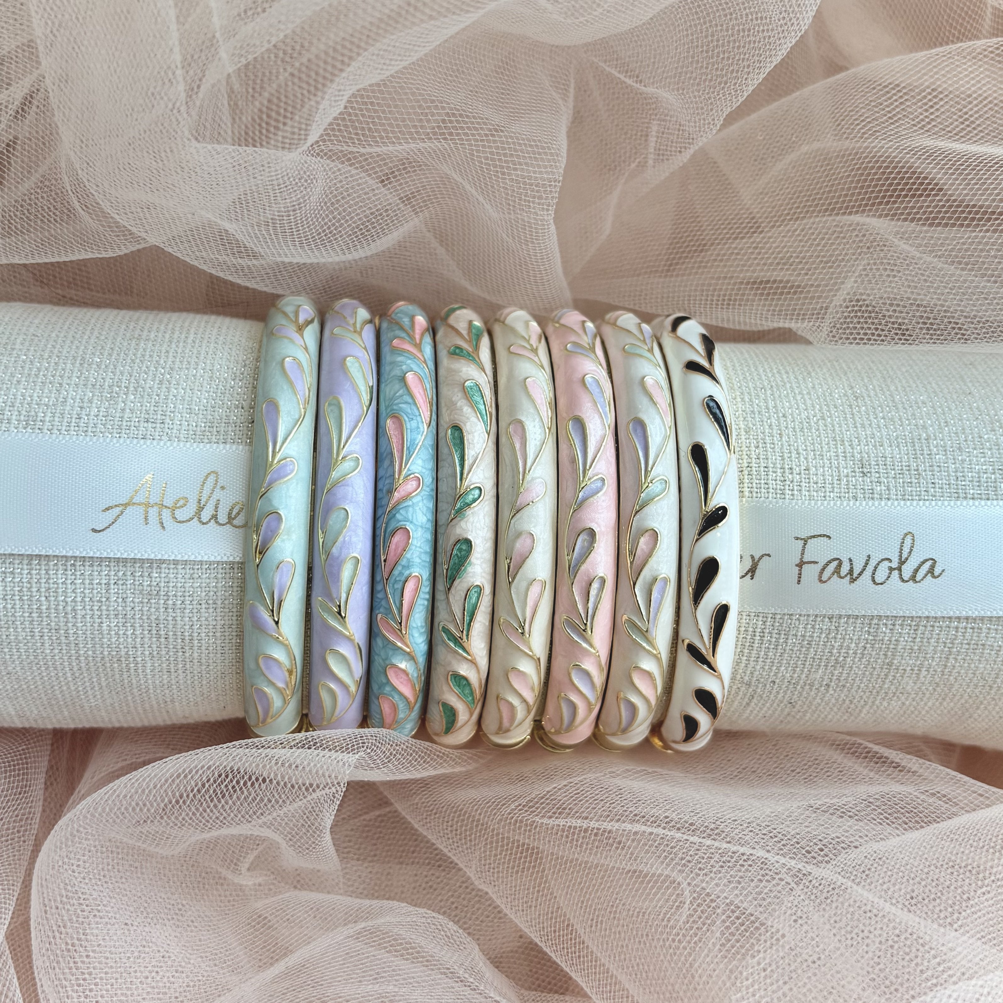 Cloisonné Enamel Pastel Bangles - Meadow Swirl Gold Stacking Bracelets