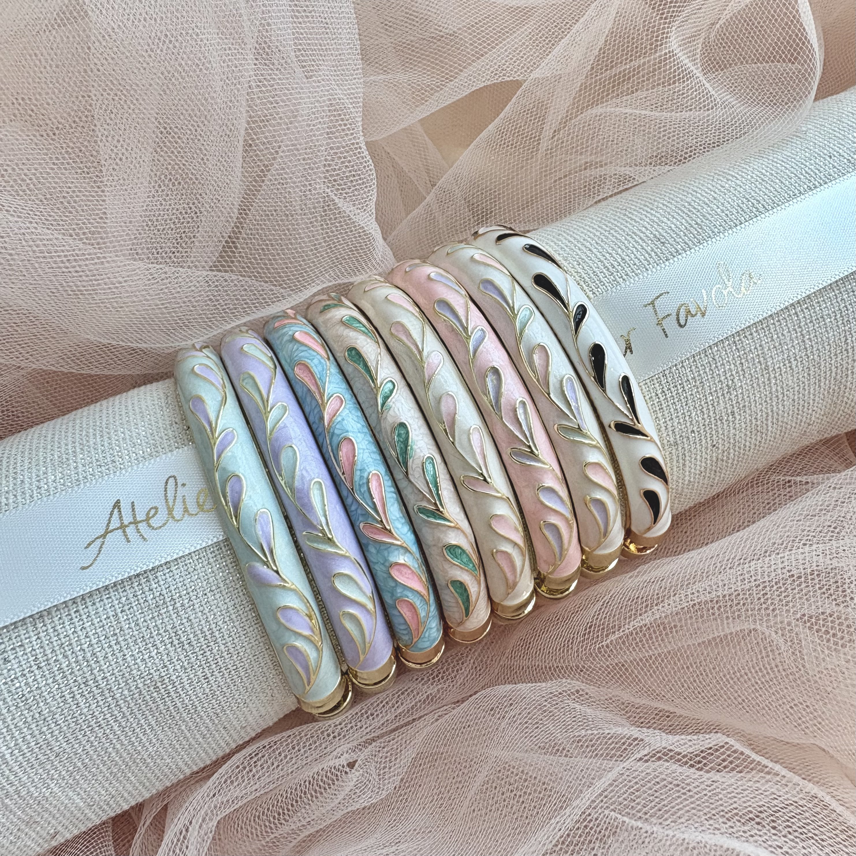 Cloisonné Enamel Pastel Bangles - Meadow Swirl Gold Stacking Bracelets