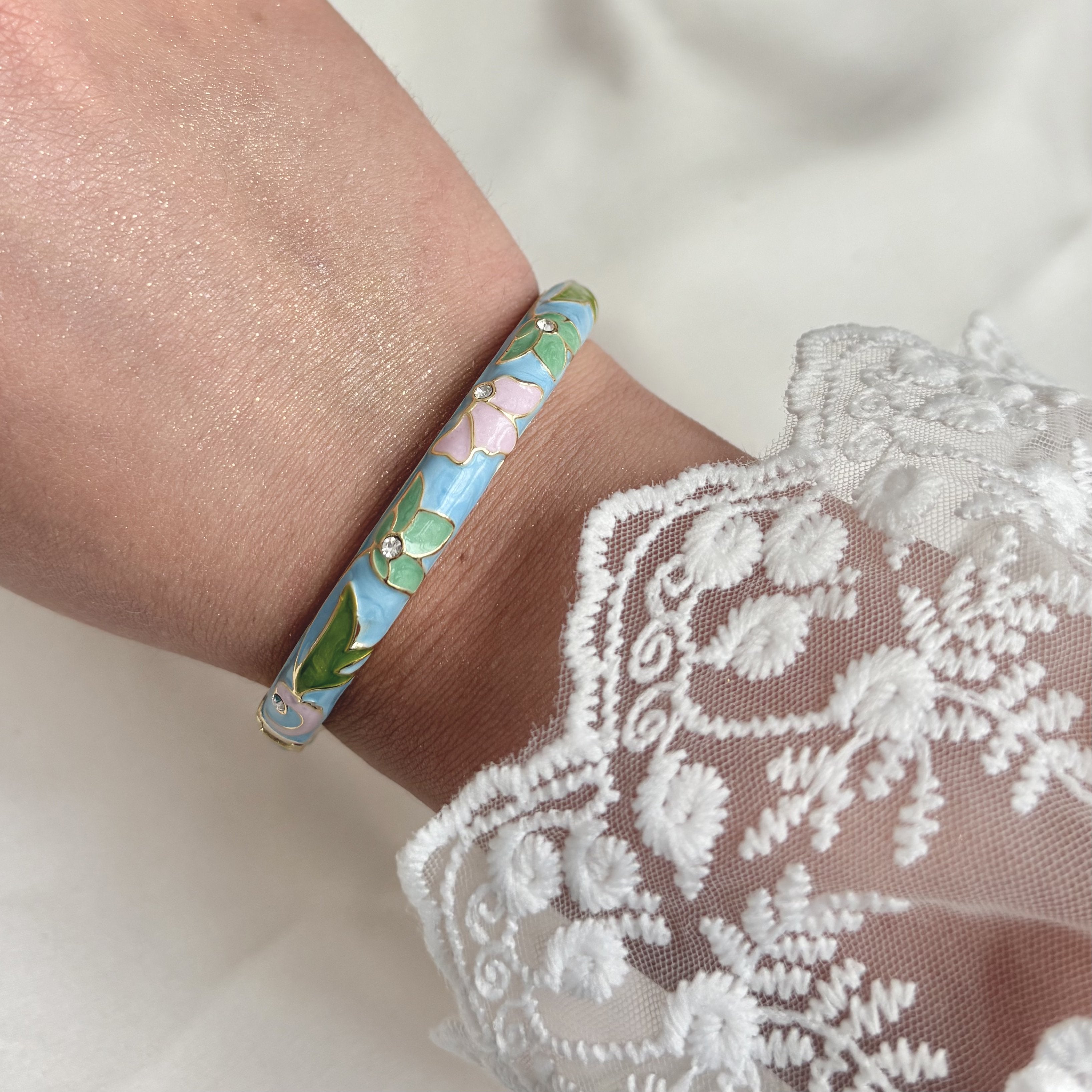 Cloisonné Enamel Bangles -Lotus Flower Gold Stacking Bracelets