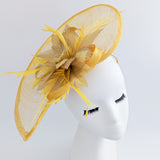 Golden yellow feather large teardrop fascinator hat