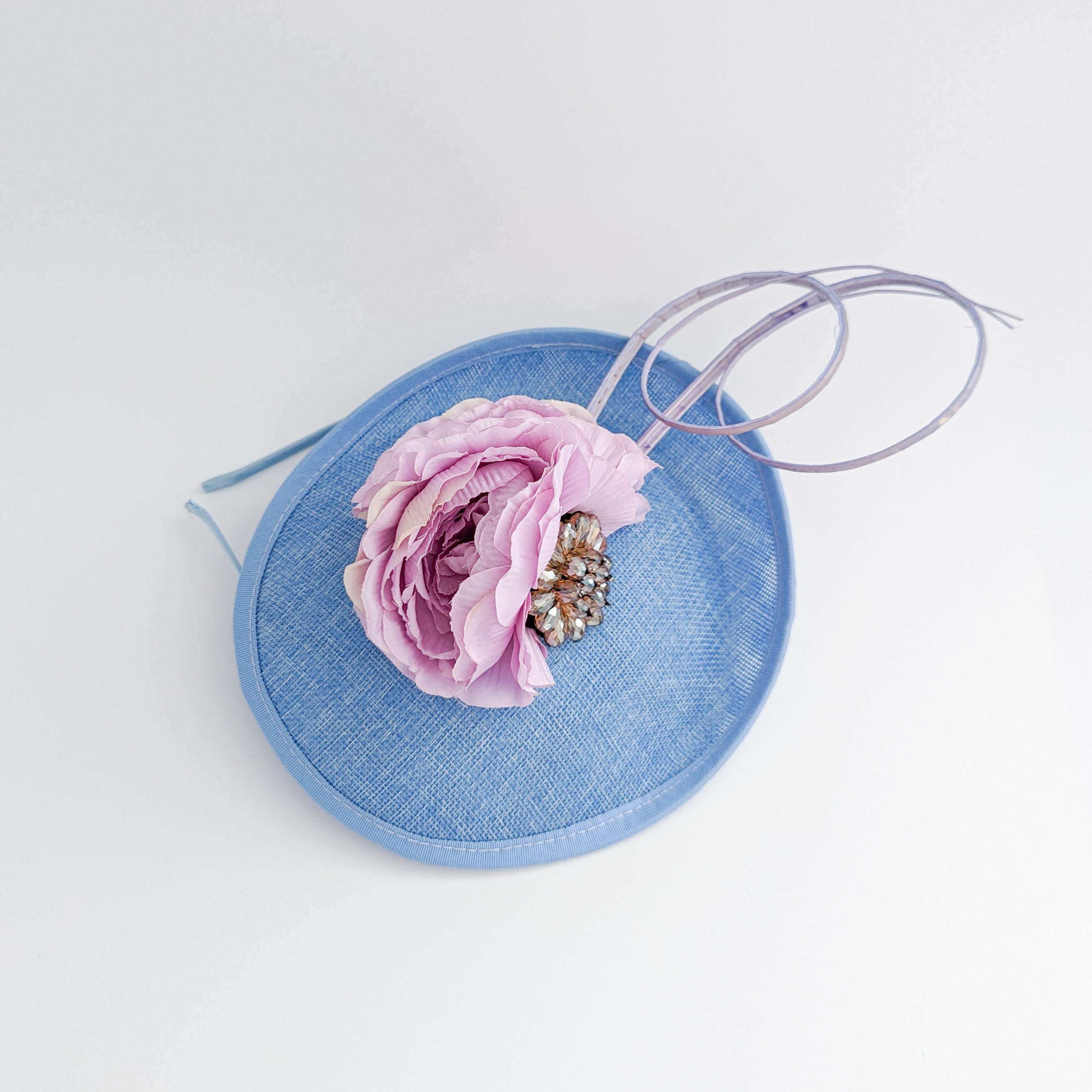 Light cornflower blue flower disc saucer fascinator hat