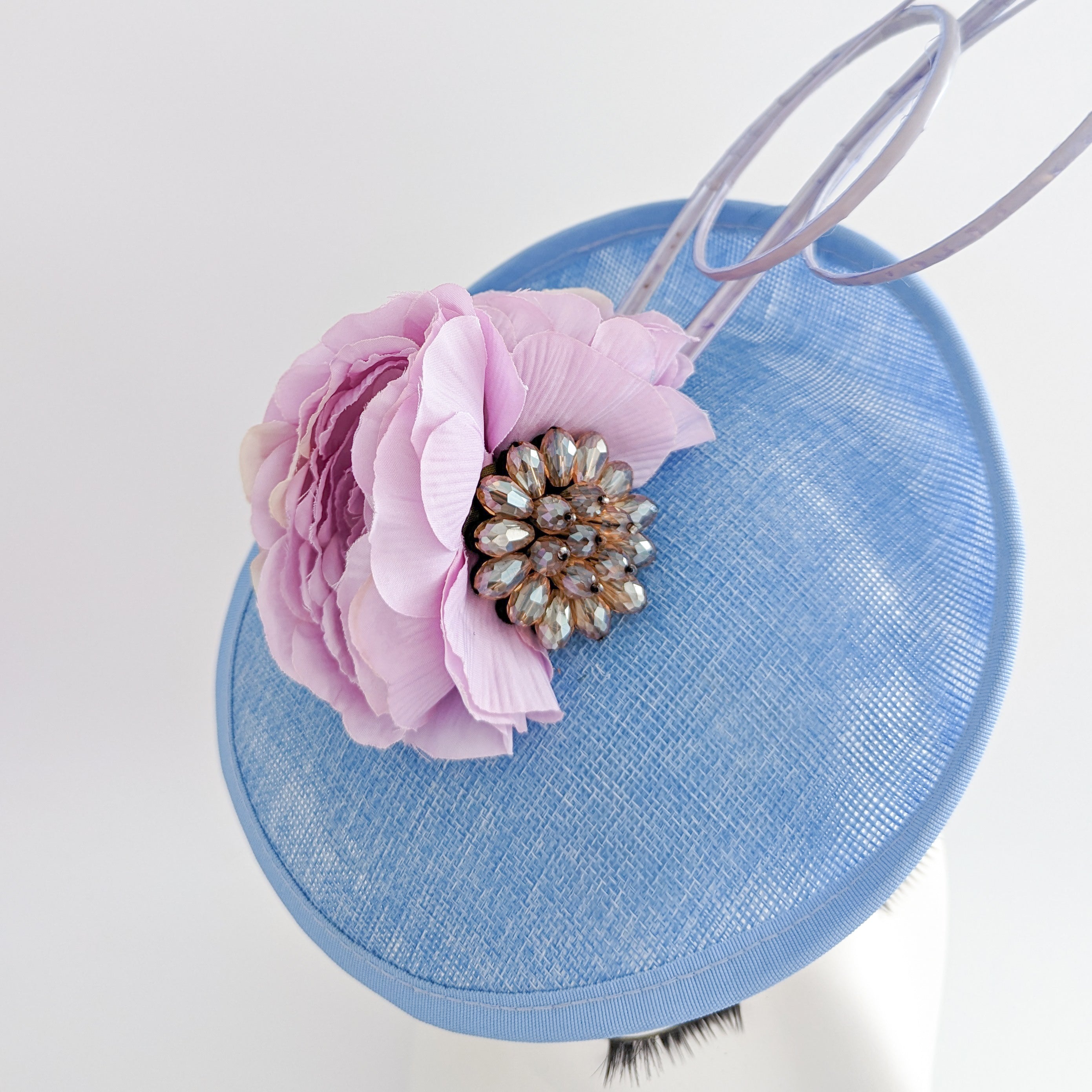 Light cornflower blue flower disc saucer fascinator hat