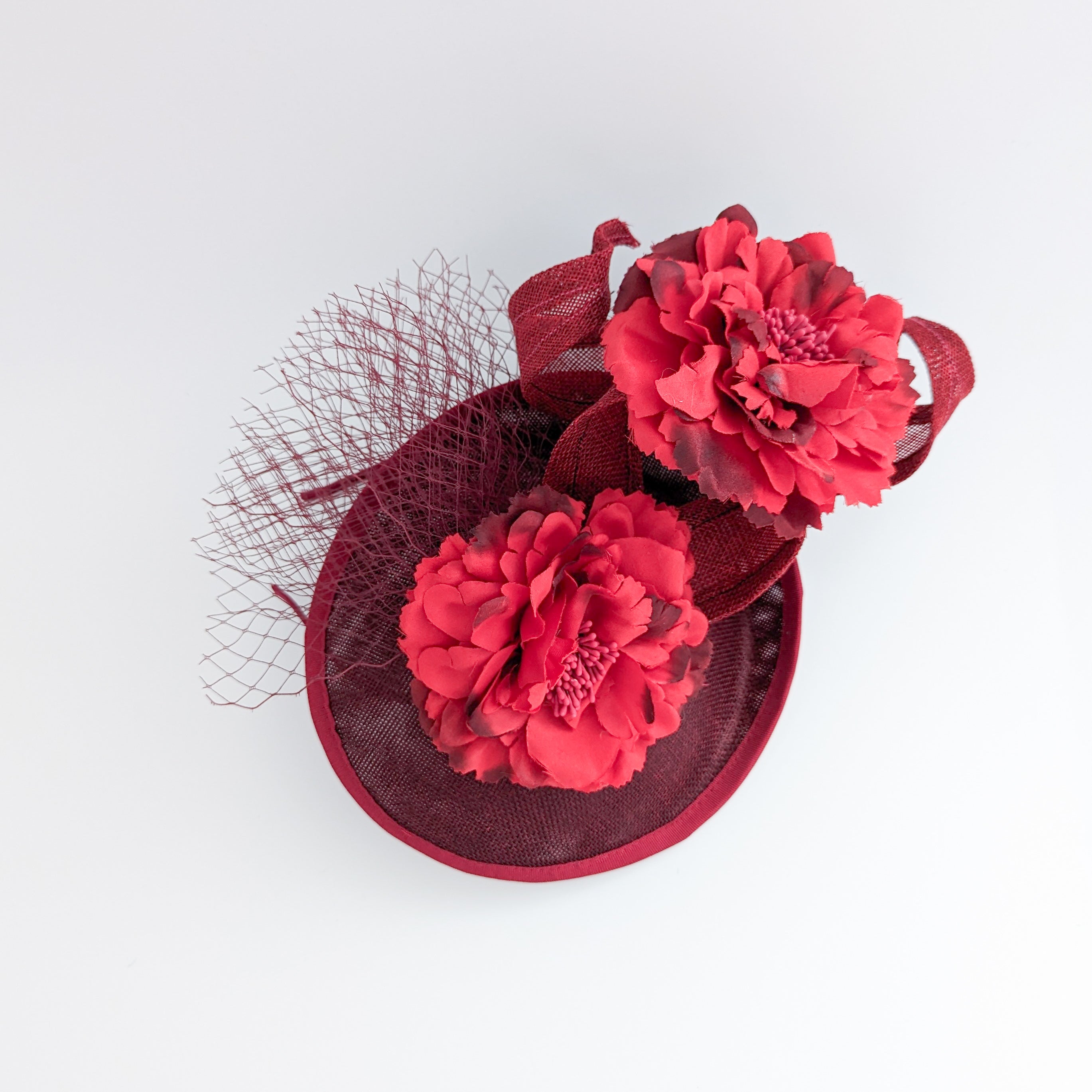 Burgundy flower fascinator disc saucer hat