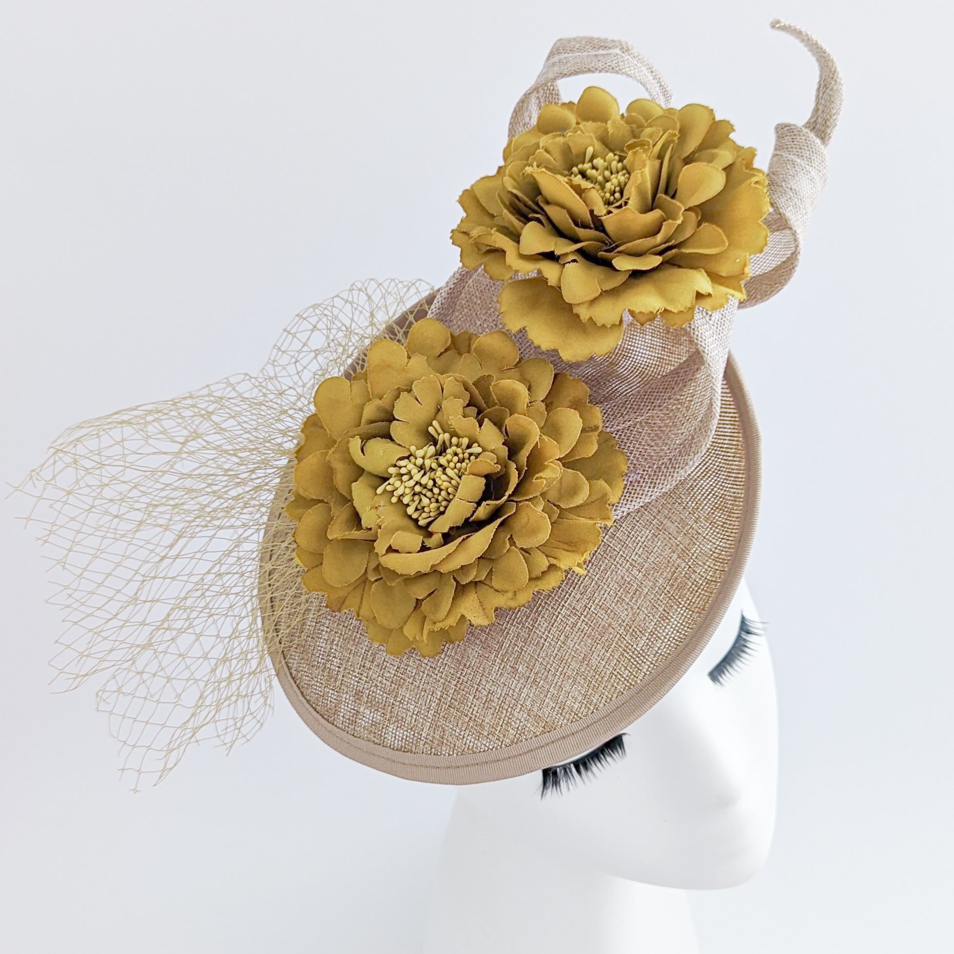 Caramel beige flower fascinator disc saucer hat