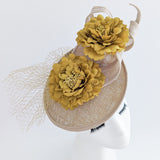 Caramel beige flower fascinator disc saucer hat