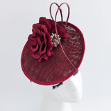 Burgundy flower disc saucer fascinator hat