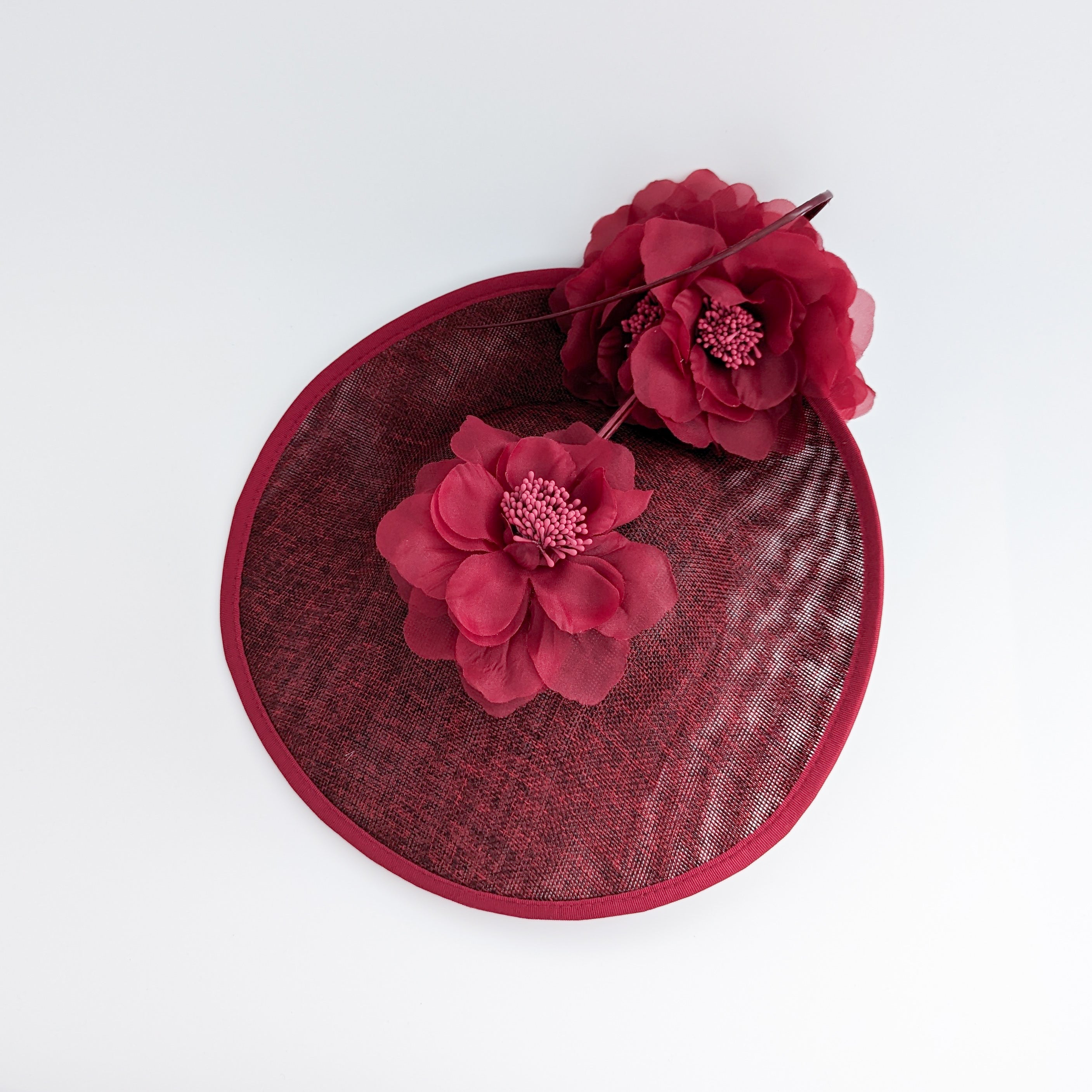 Burgundy large flower saucer disc fascinator hat