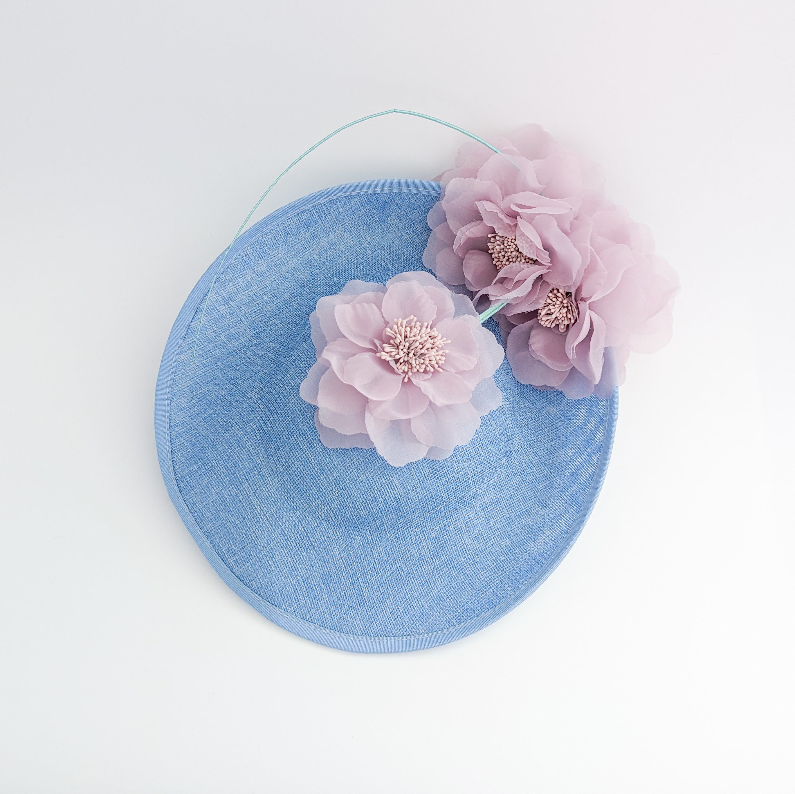 Light cornflower blue and pink large flower saucer disc fascinator hat