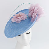 Light cornflower blue and pink large flower saucer disc fascinator hat