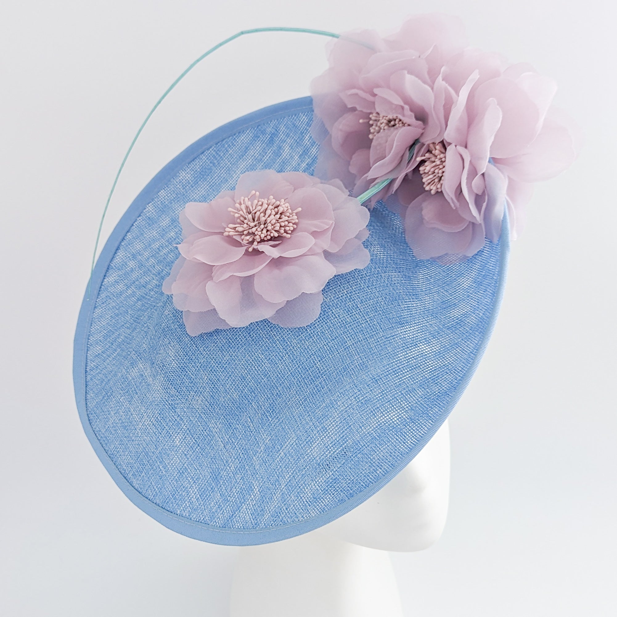 Light cornflower blue and pink large flower saucer disc fascinator hat