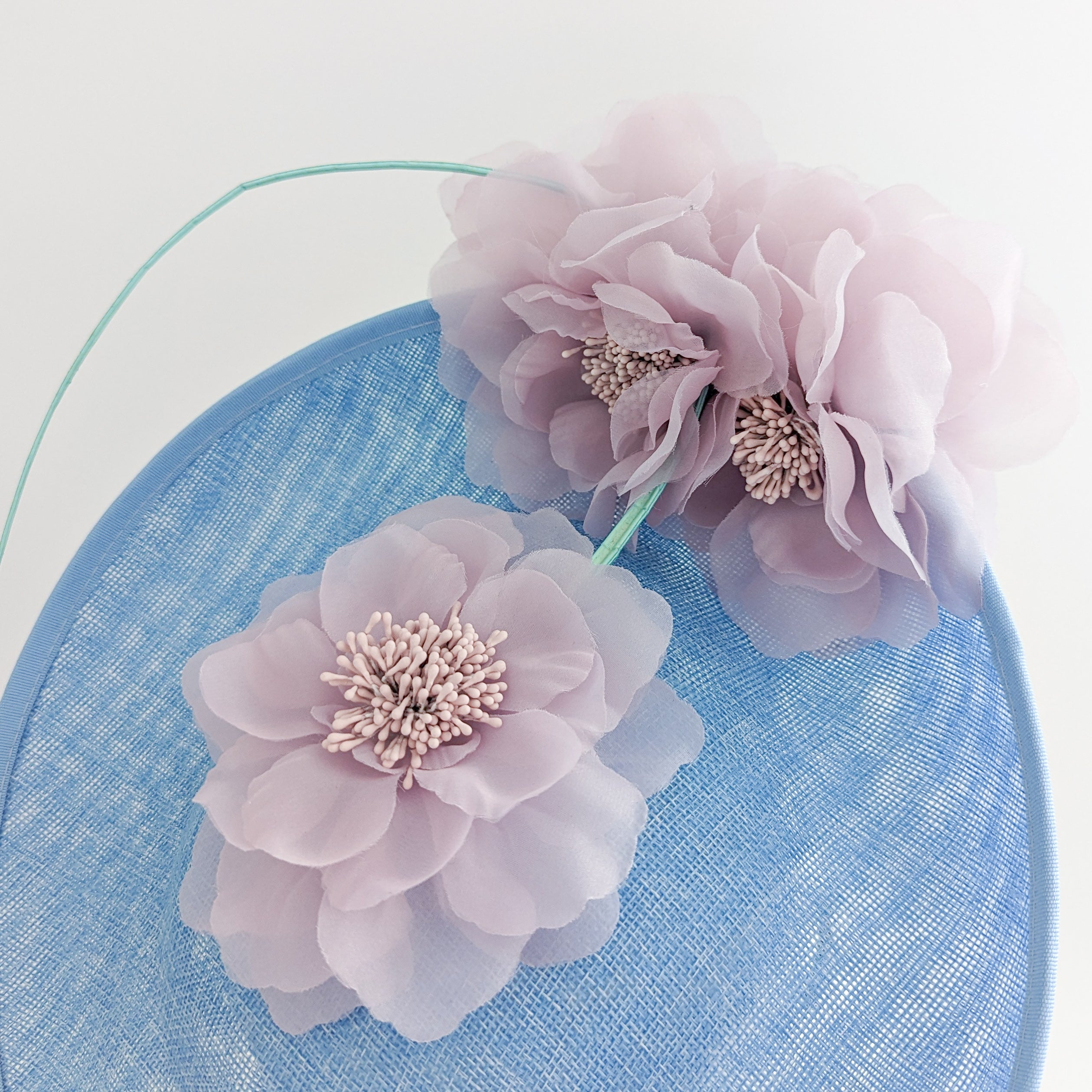 Light cornflower blue and pink large flower saucer disc fascinator hat