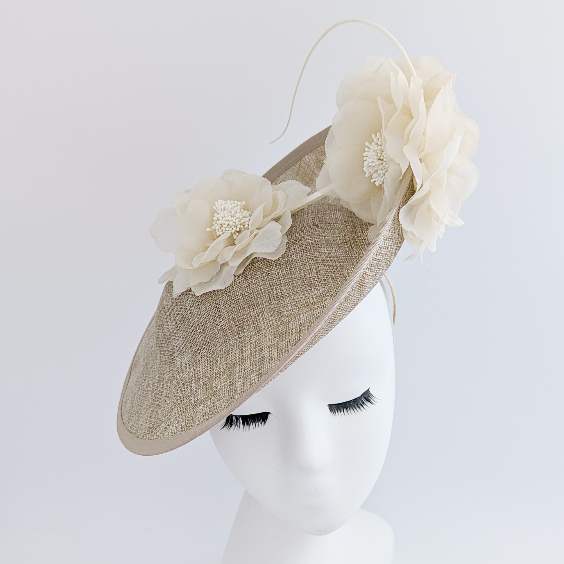 Beige large flower saucer disc fascinator hat