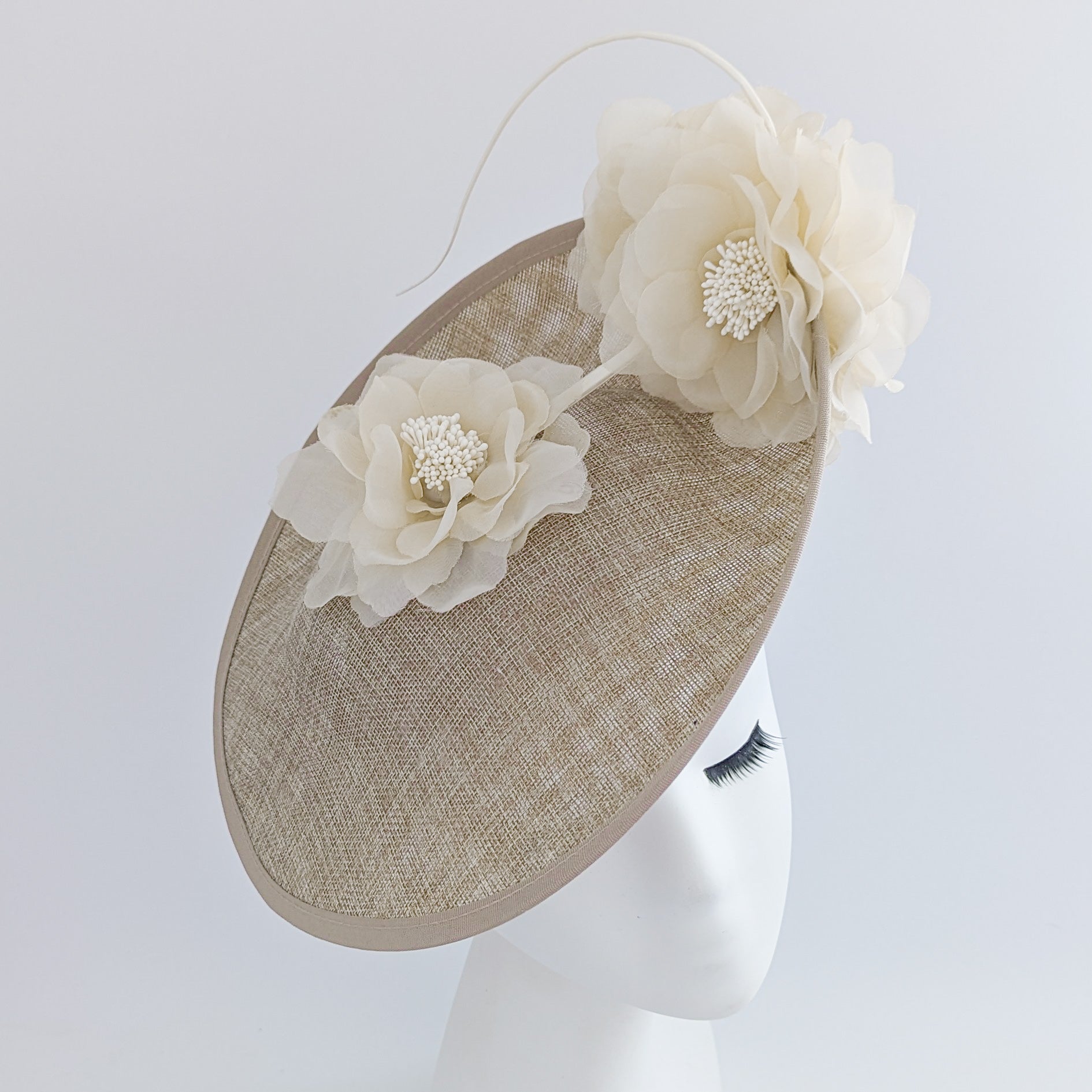 Beige large flower saucer disc fascinator hat