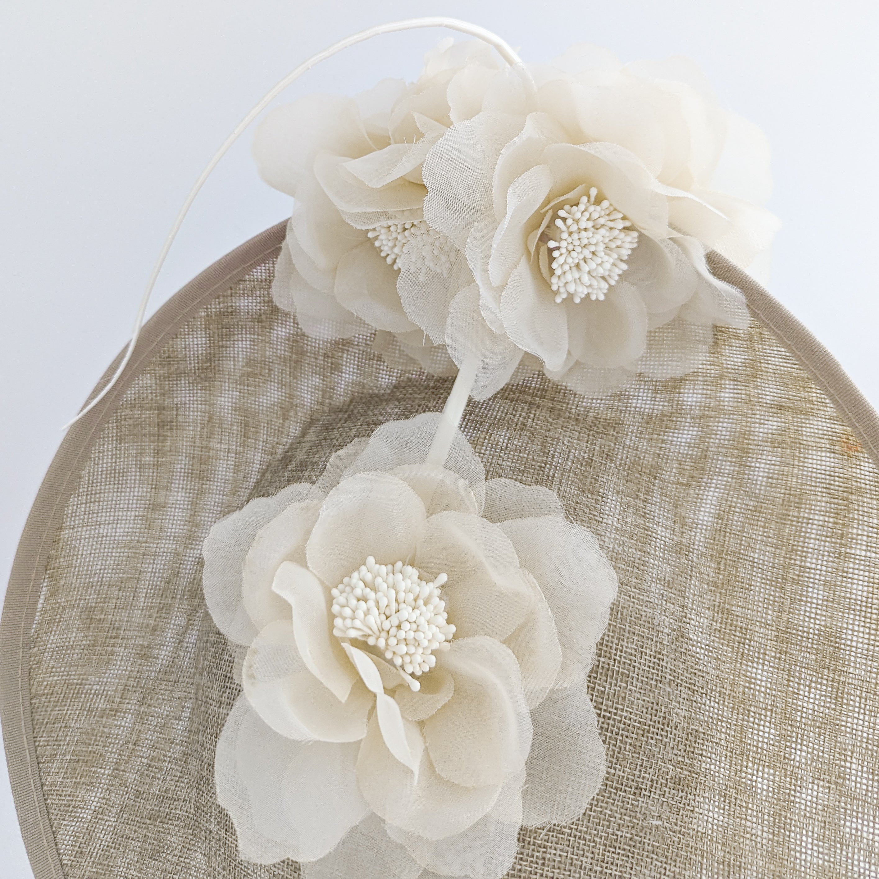 Beige large flower saucer disc fascinator hat