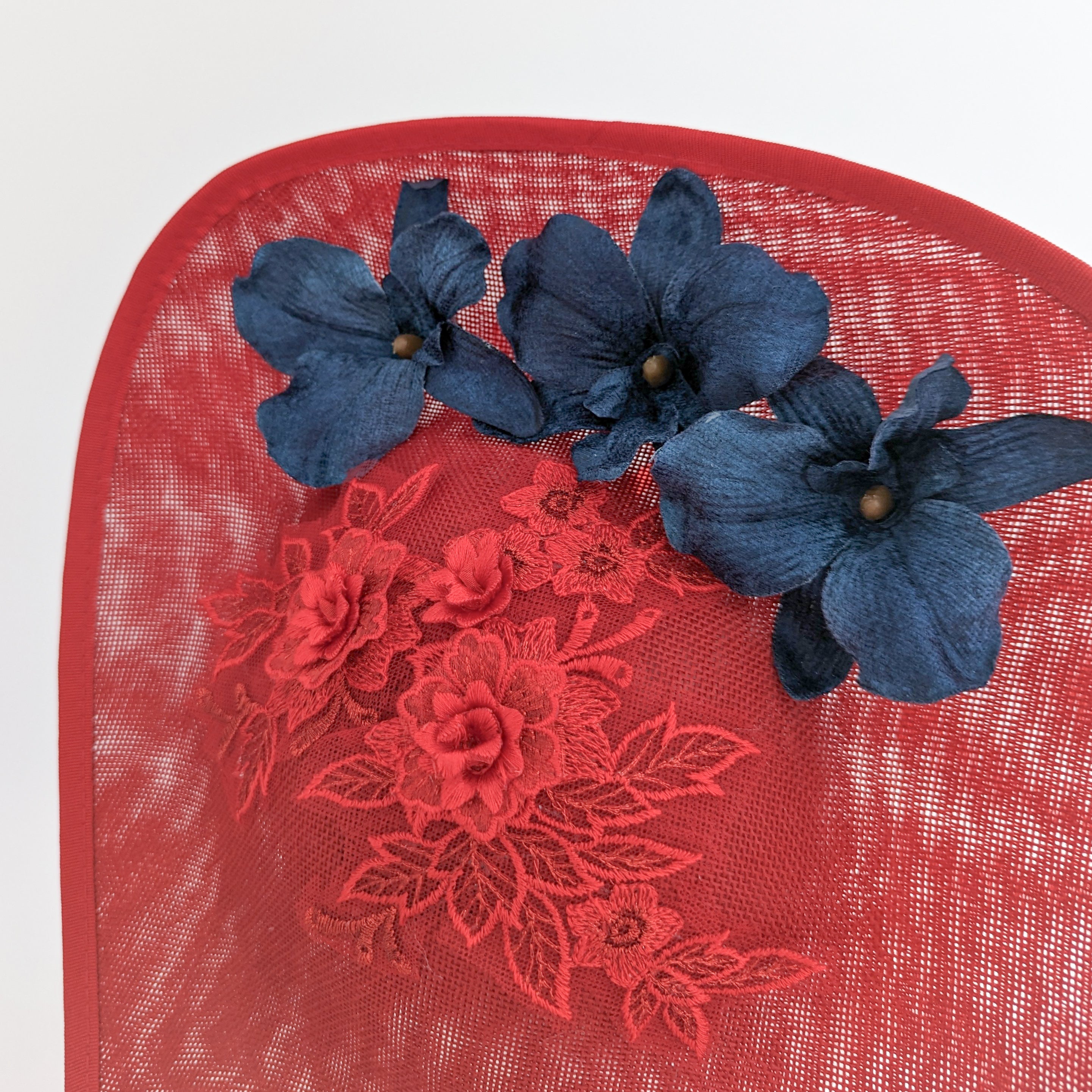 Red and navy large teardrop flower fascinator hat