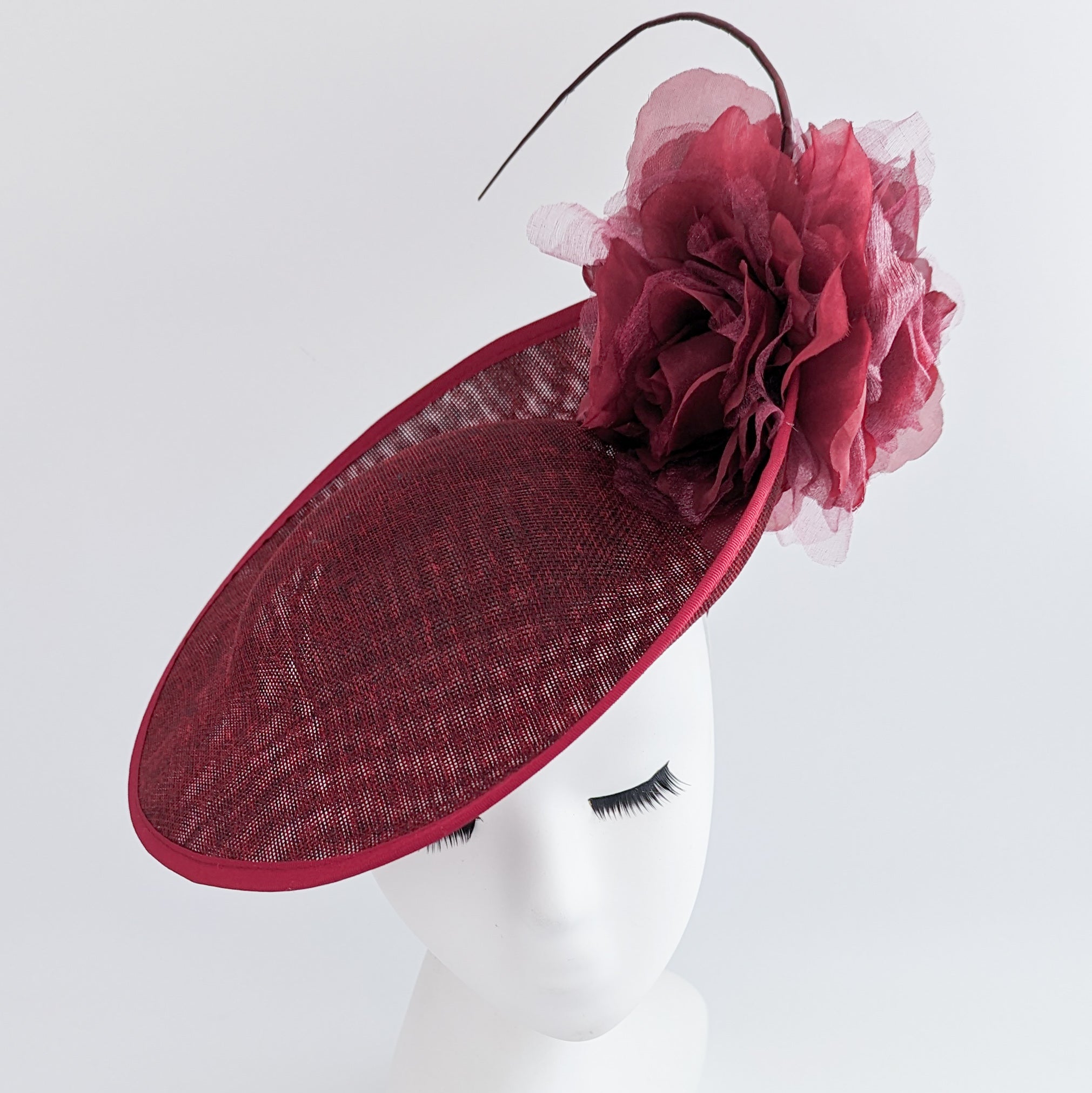 Burgundy large flower saucer disc fascinator hat