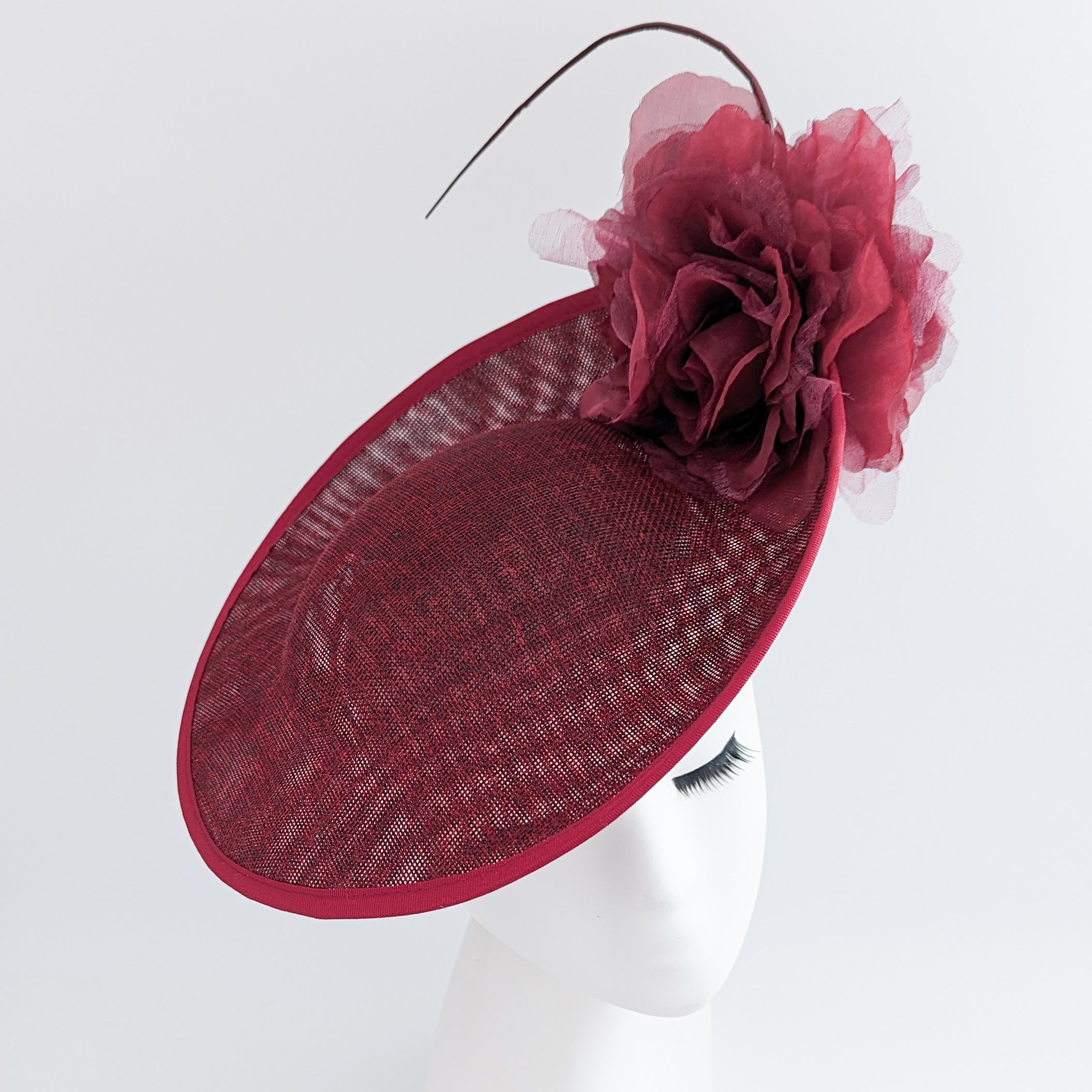 Burgundy large flower saucer disc fascinator hat