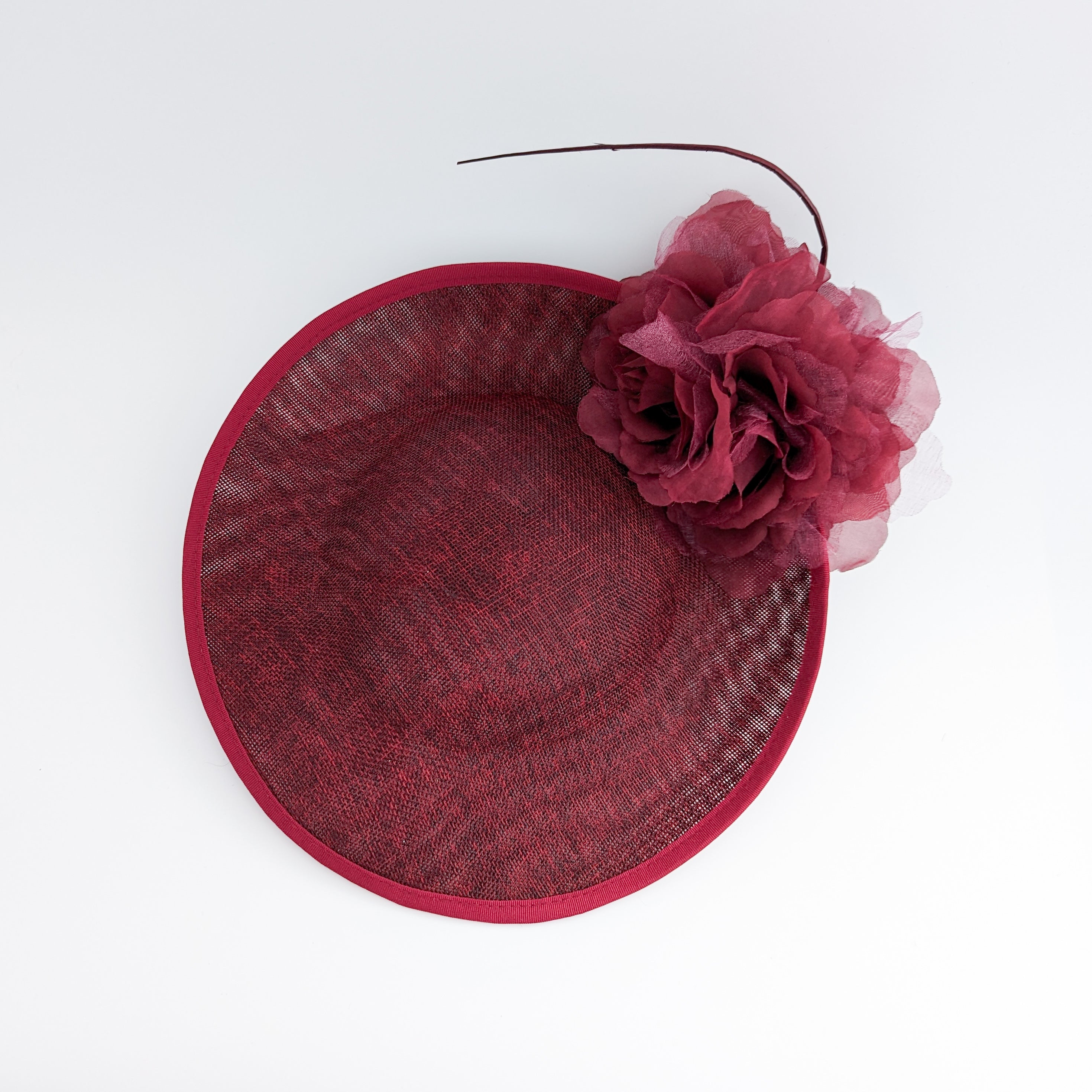 Burgundy large flower saucer disc fascinator hat