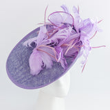 Lavender purple and lilac feather large saucer disc fascinator hat