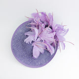 Lavender purple and lilac feather large saucer disc fascinator hat