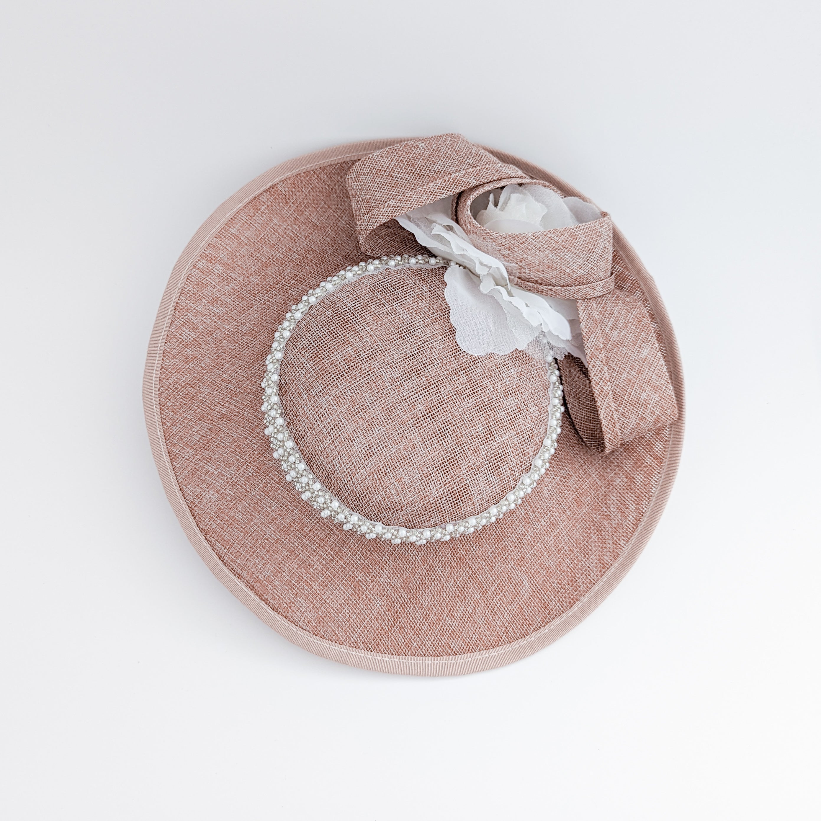 Blush pink beaded large flower saucer disc fascinator hat