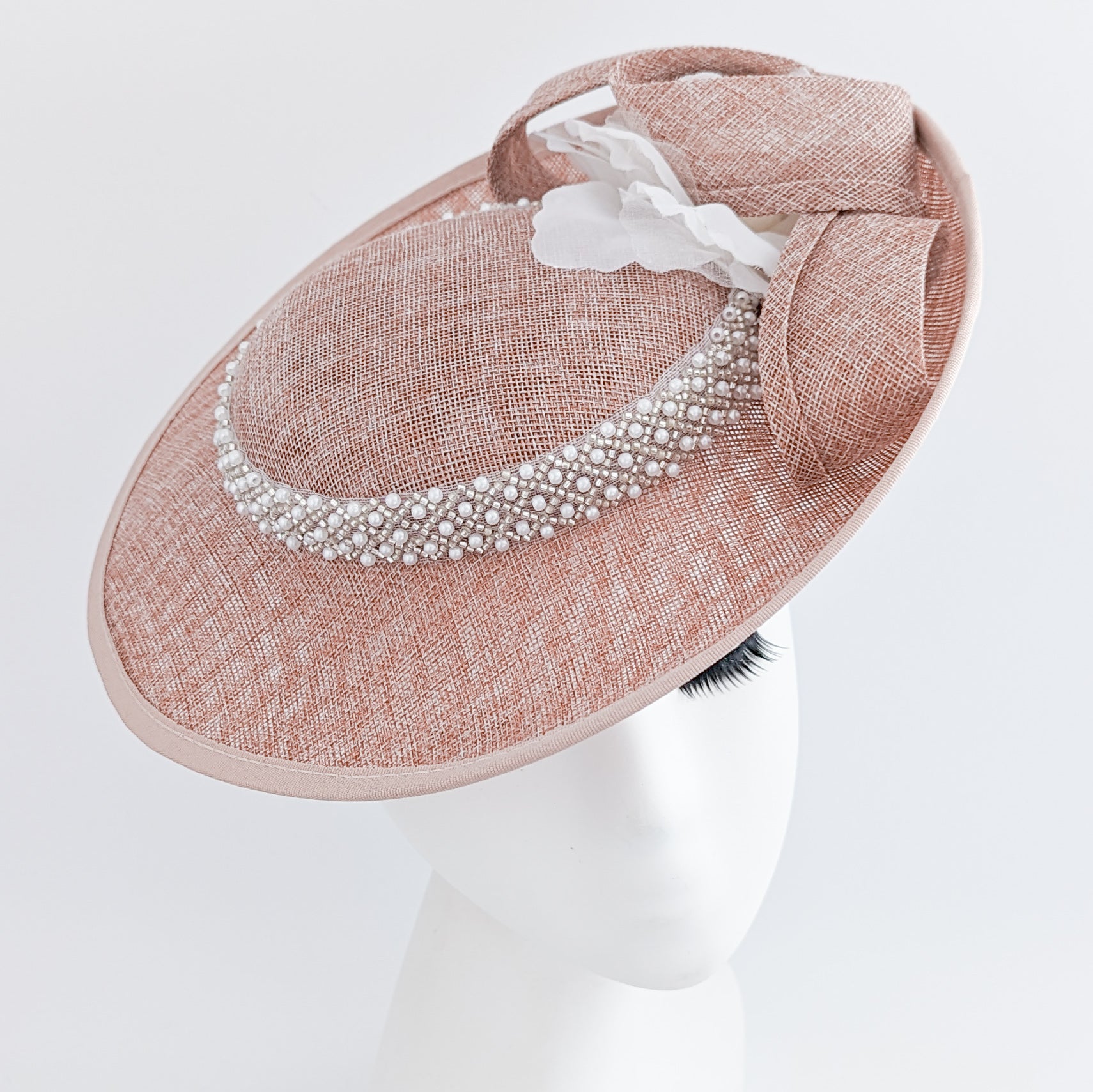 Blush pink beaded large flower saucer disc fascinator hat