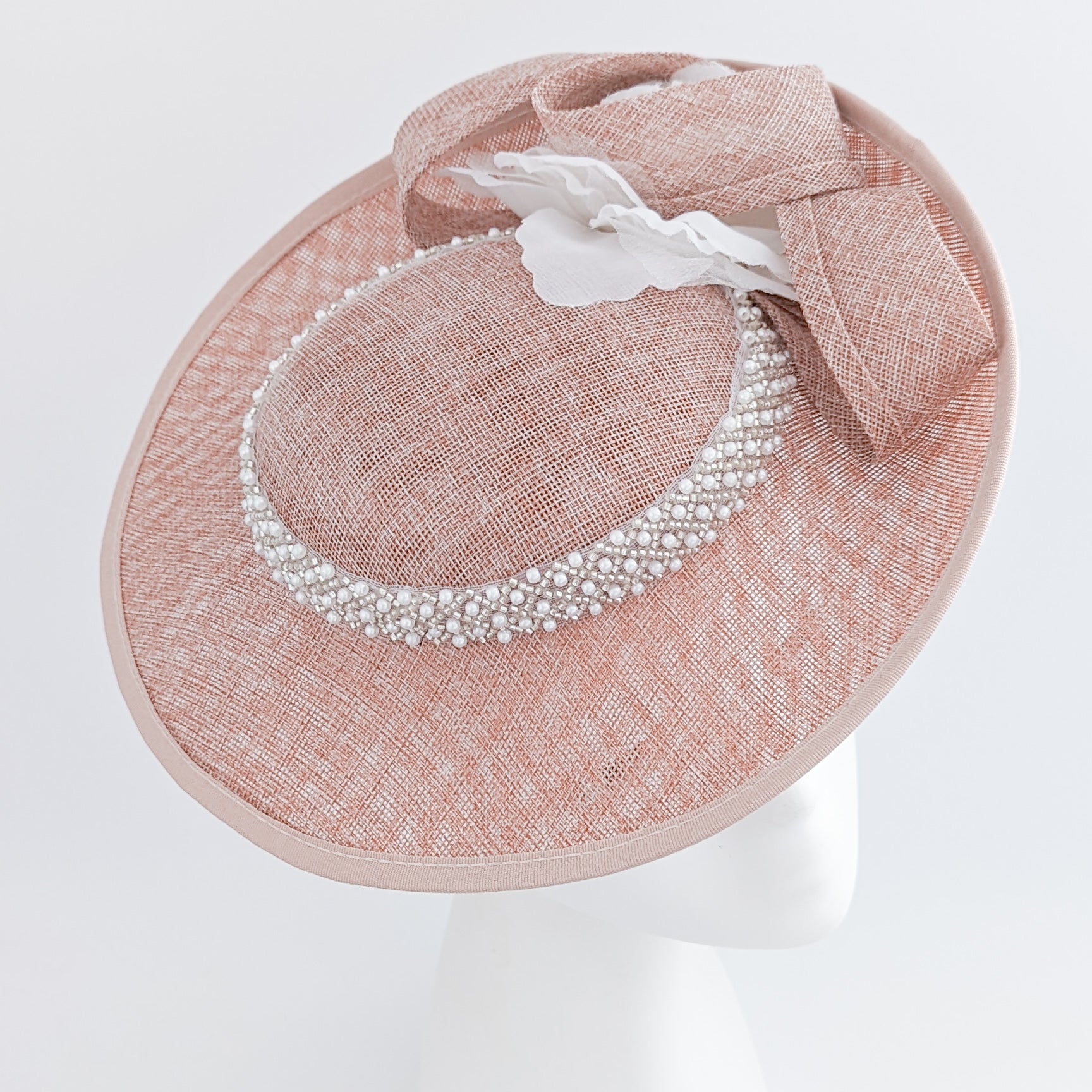 Blush pink beaded large flower saucer disc fascinator hat