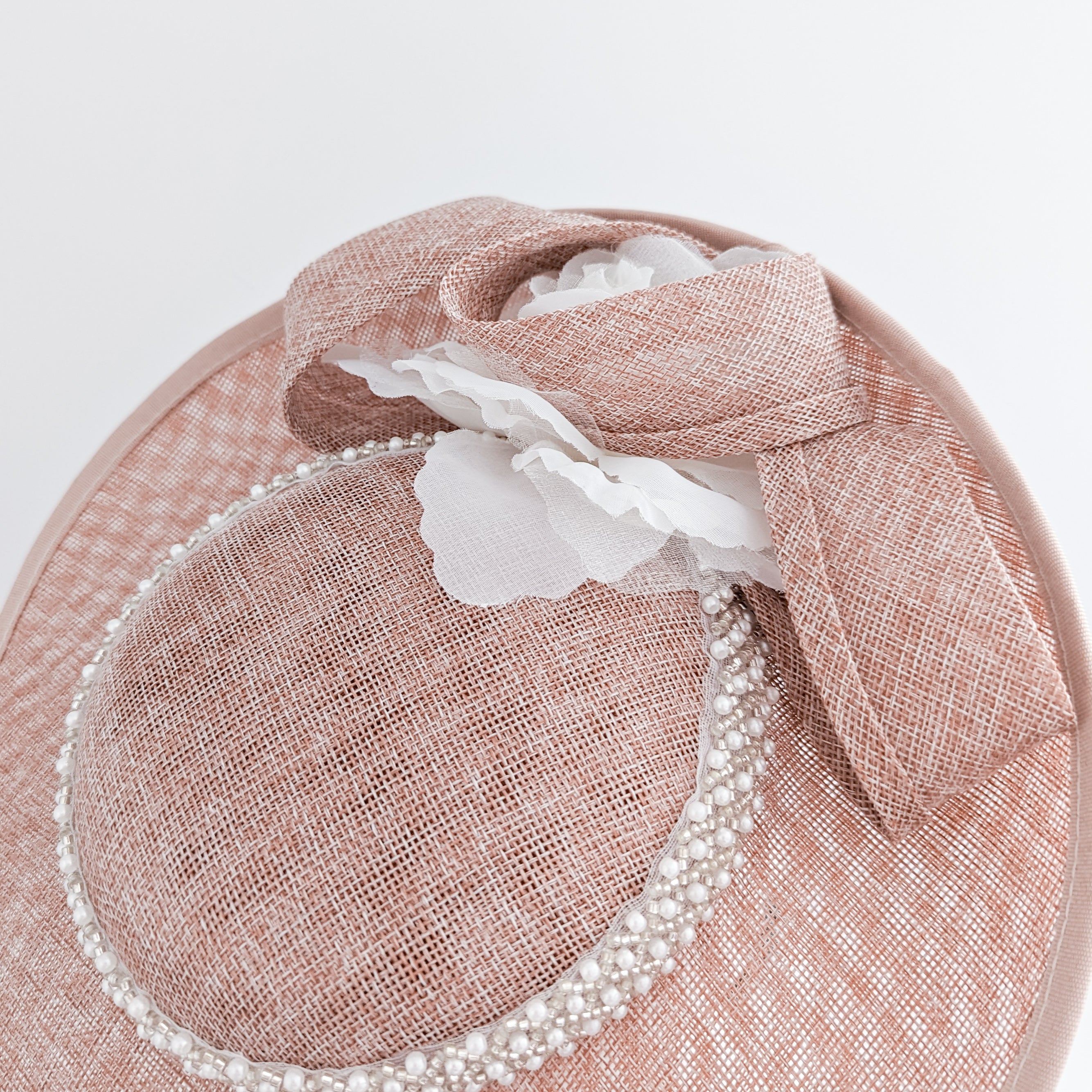 Blush pink beaded large flower saucer disc fascinator hat