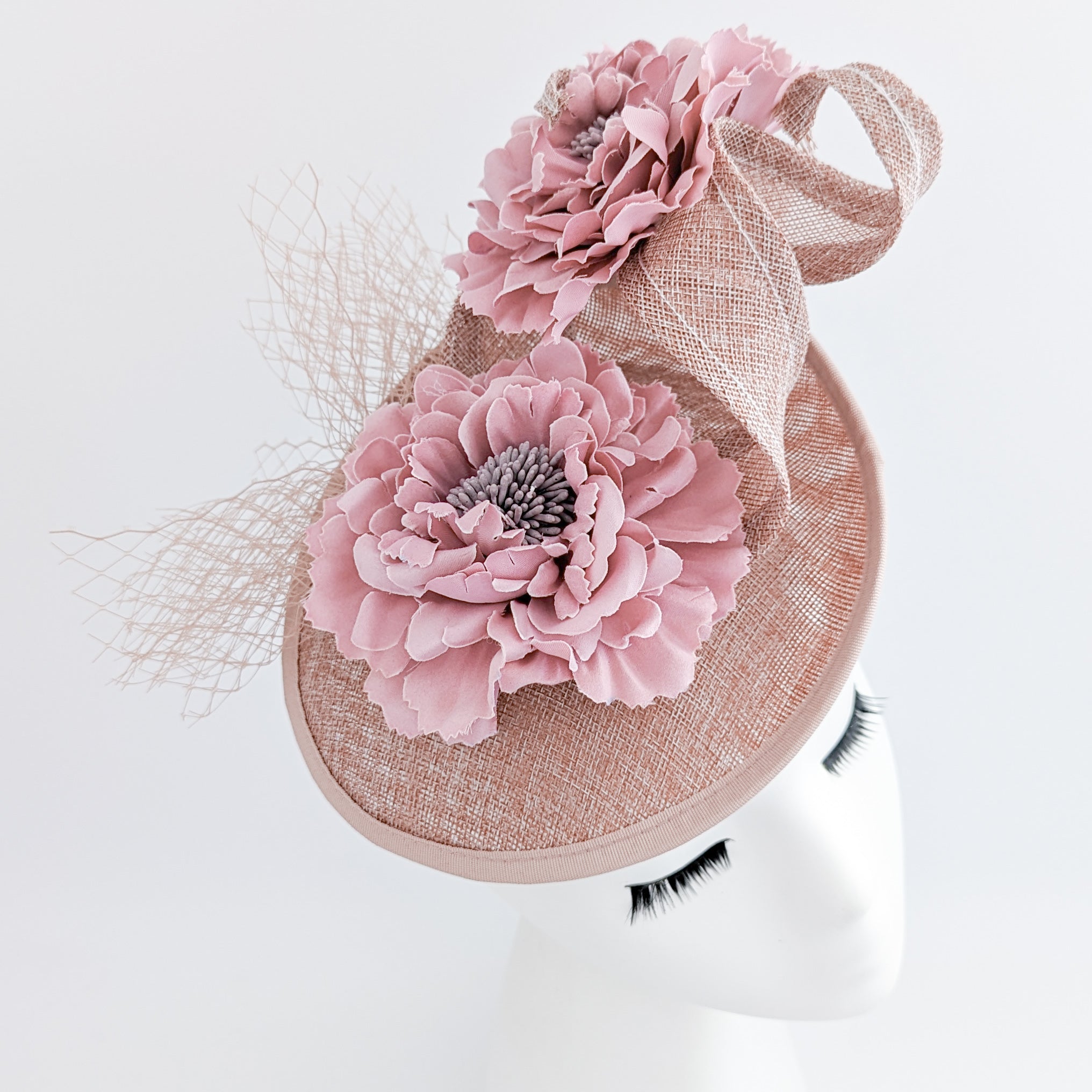 Blush pink flower fascinator disc saucer hat