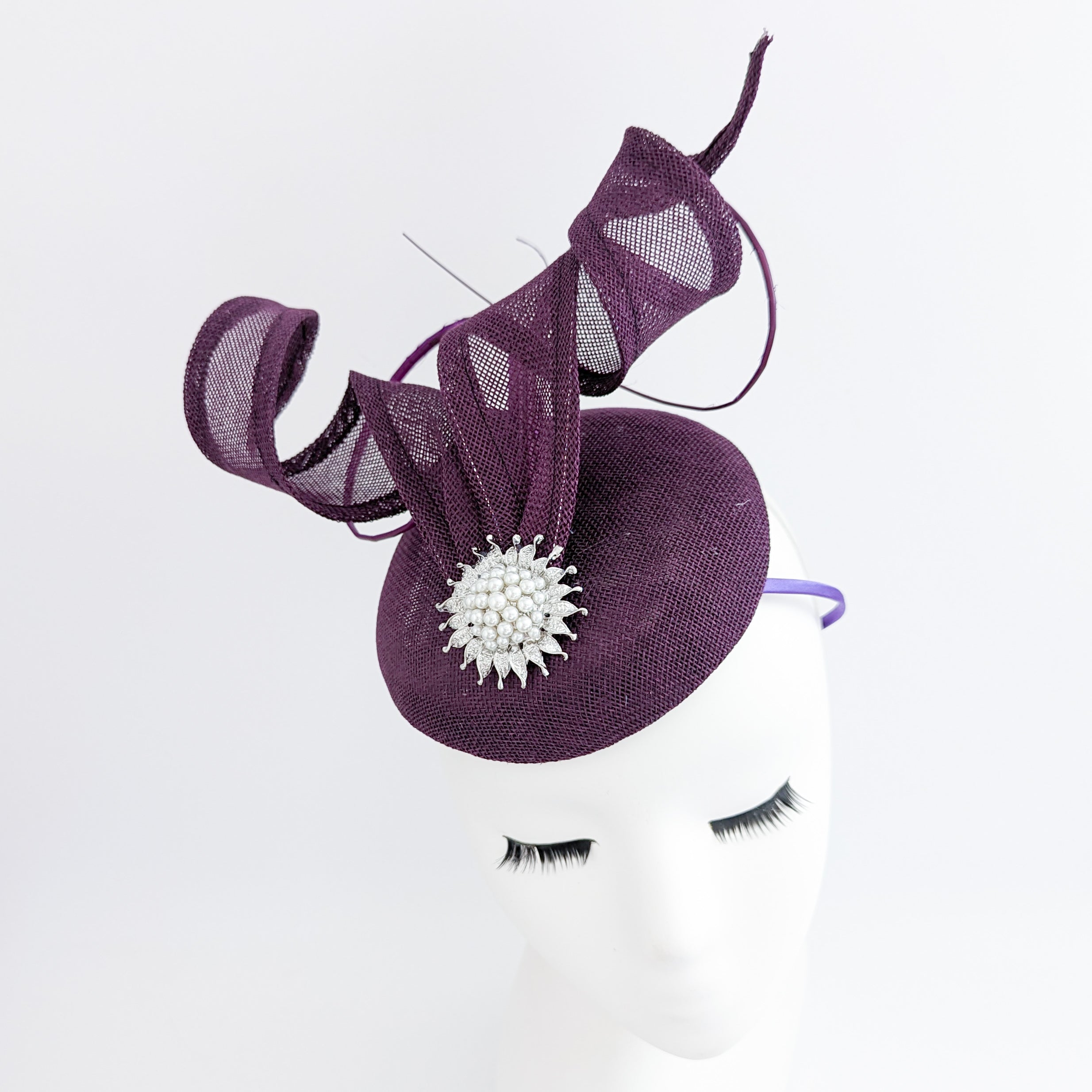 Dark plum purple pearl fascinator hat