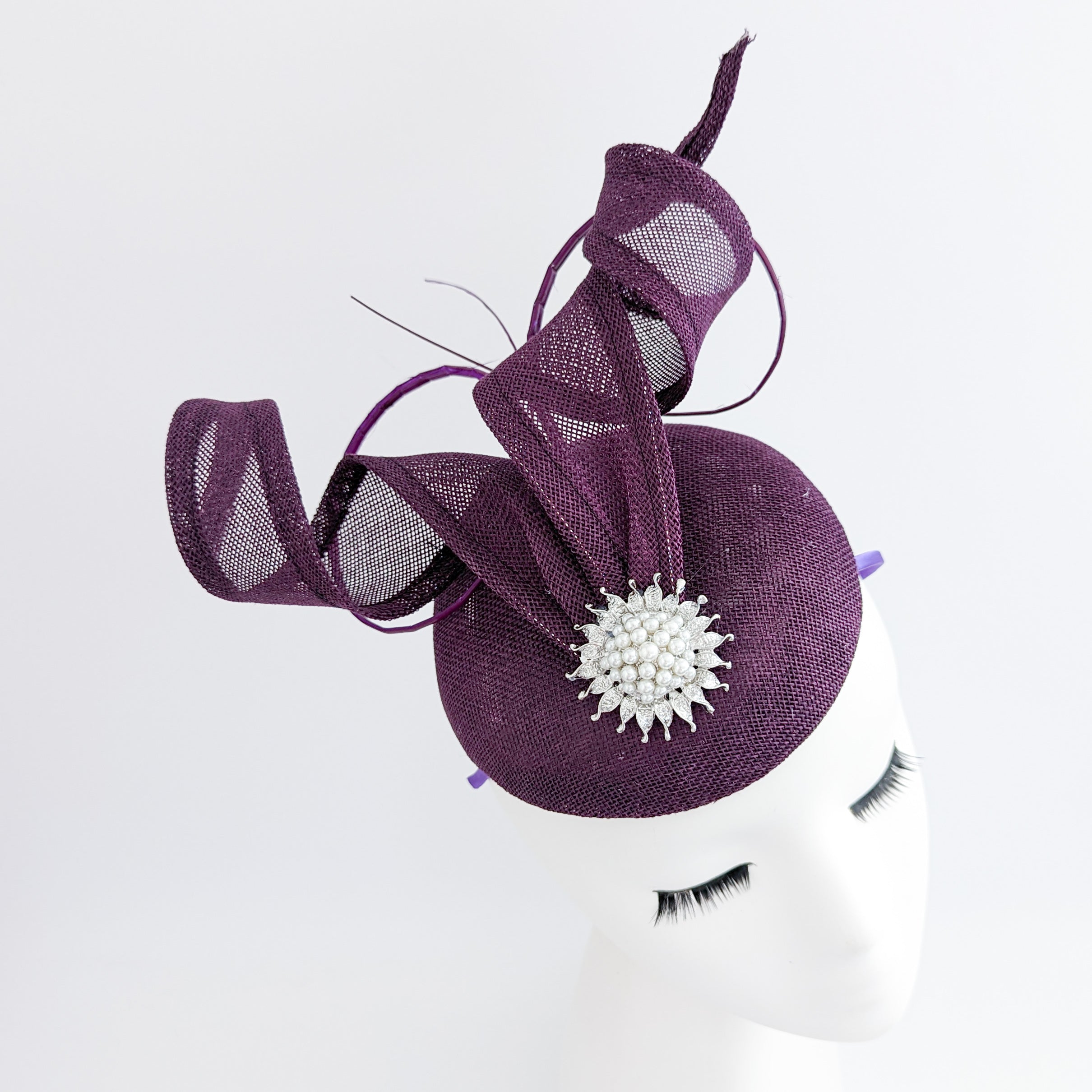 Dark plum purple pearl fascinator hat