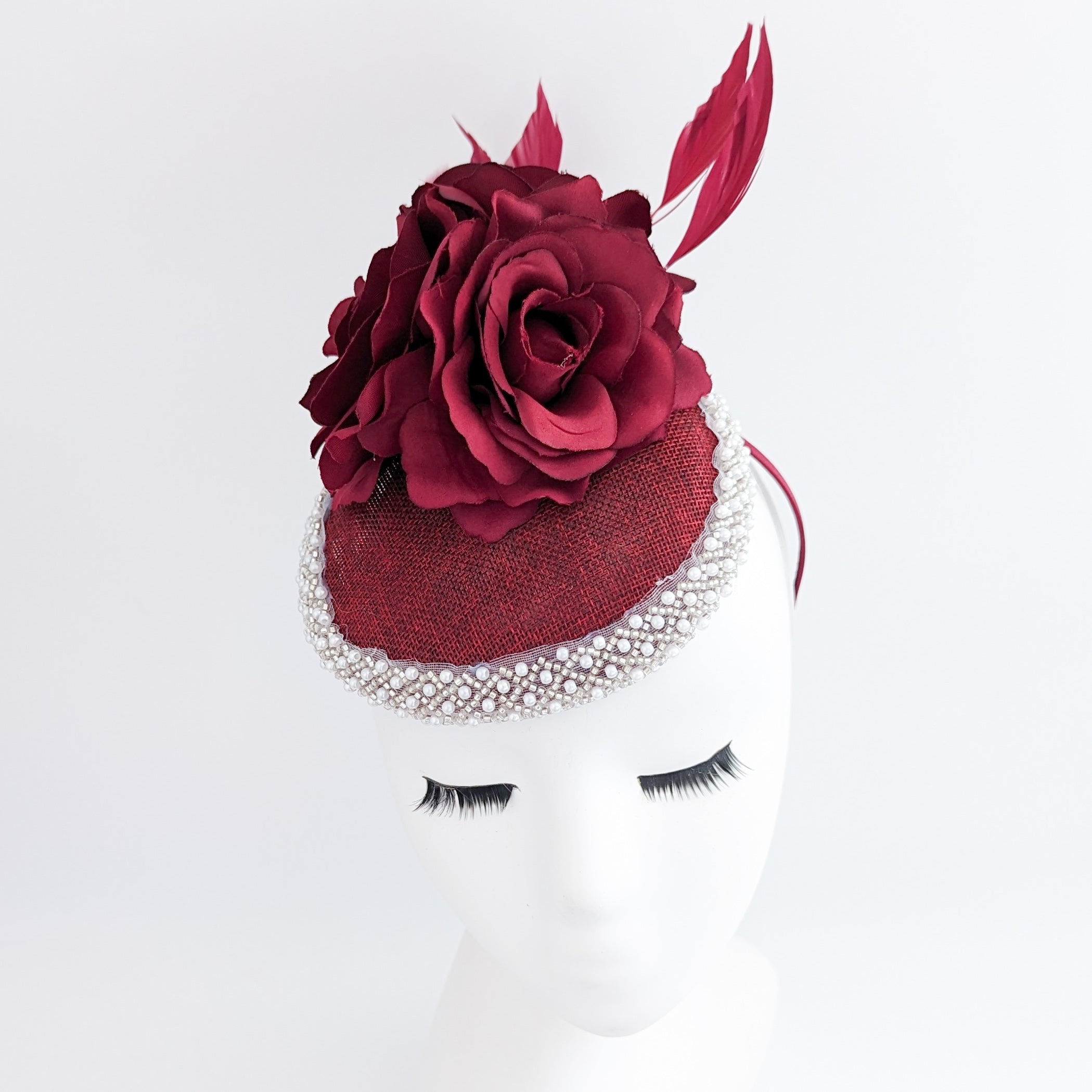 Burgundy beaded flower fascinator hat