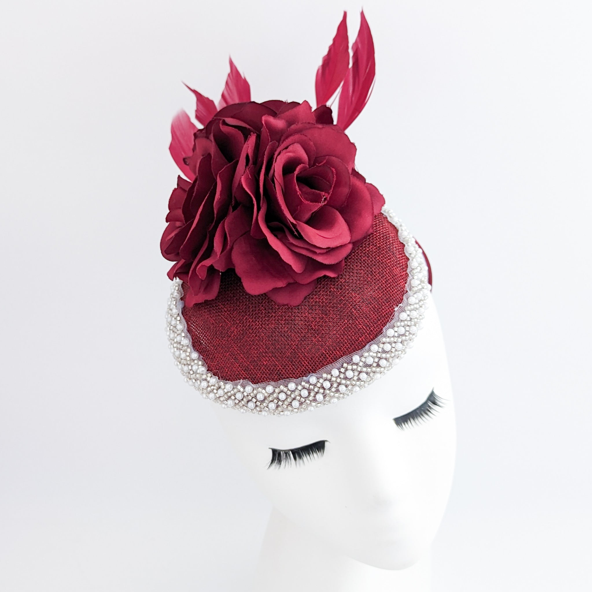 Burgundy beaded flower fascinator hat