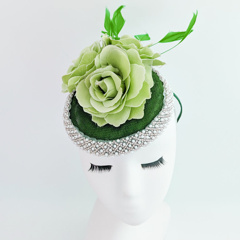 Forest green beaded flower fascinator hat House of Hats