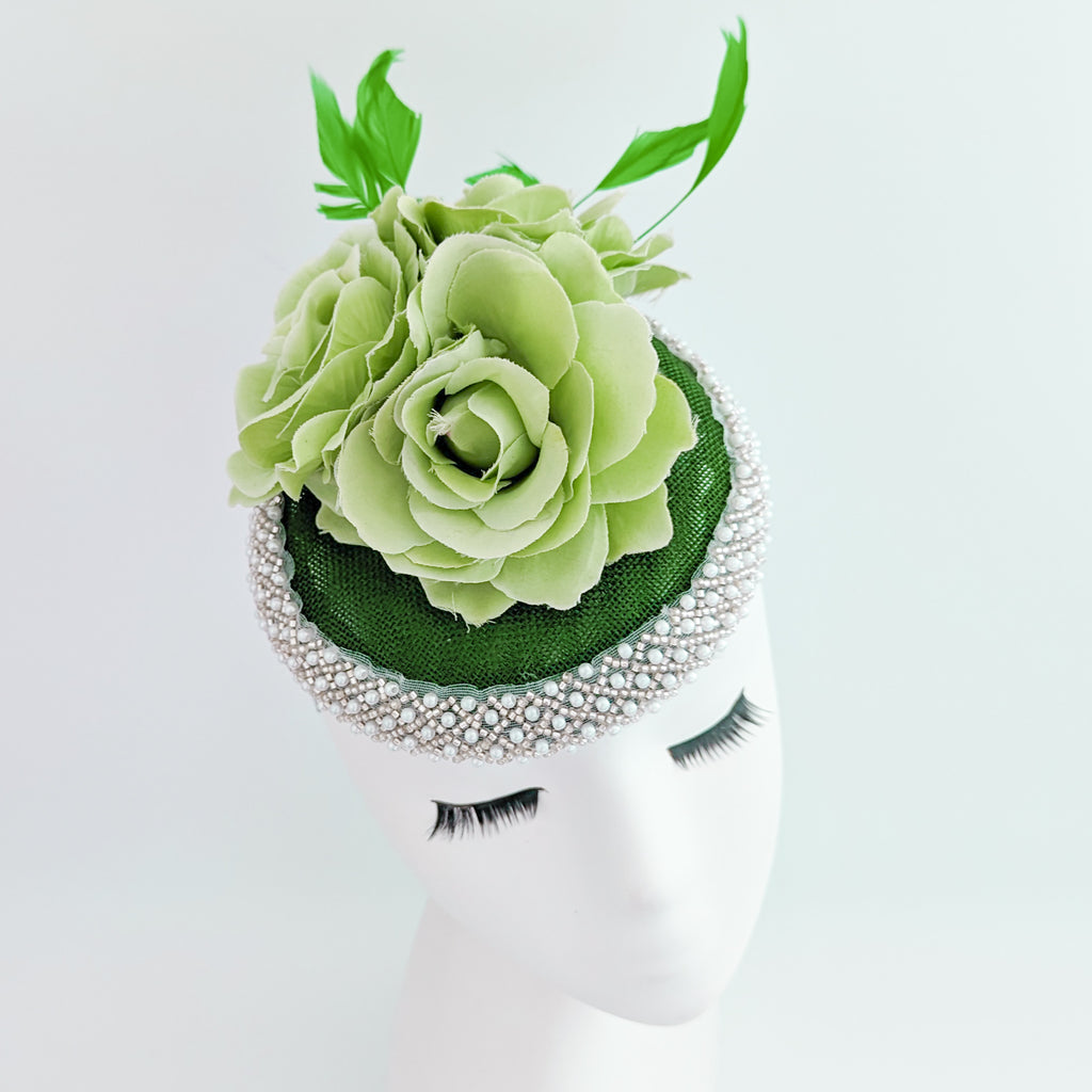 Forest green beaded flower fascinator hat House of Hats
