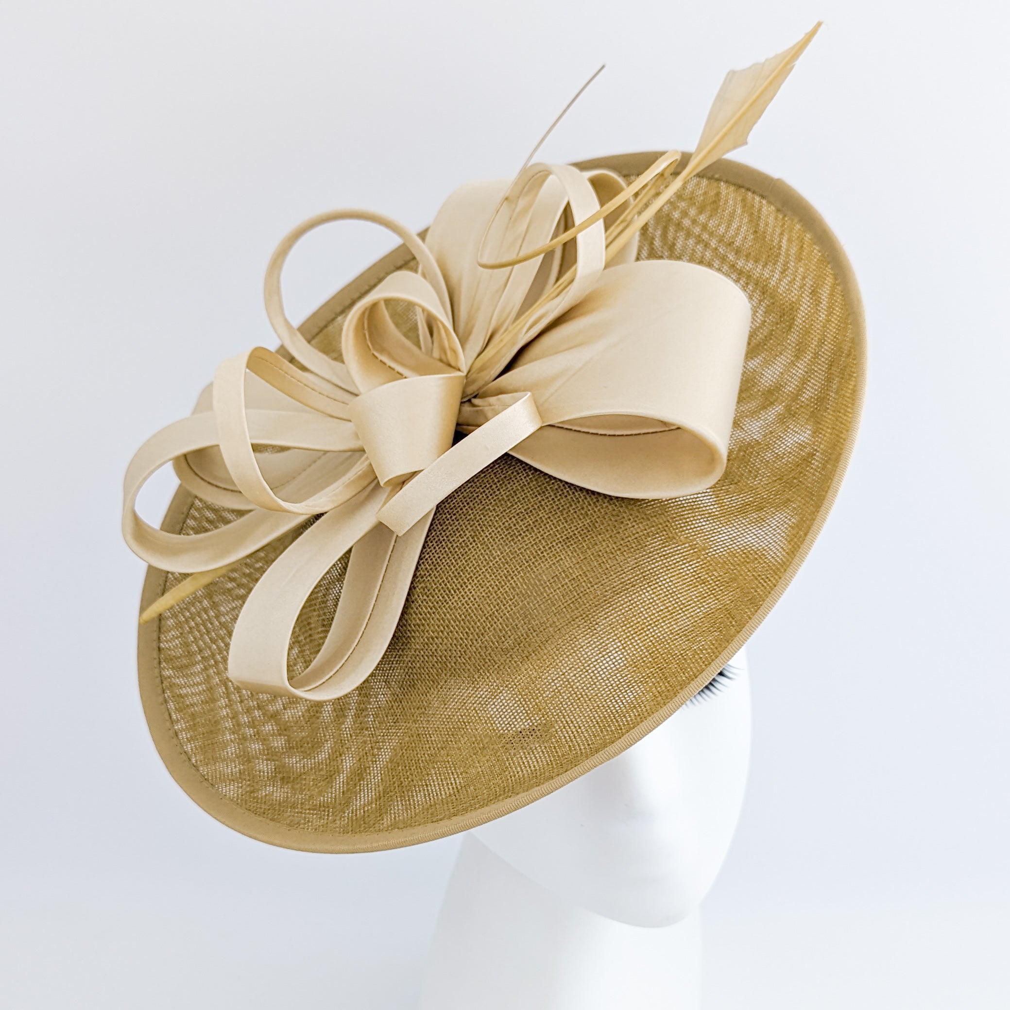 Gold feather large saucer disc fascinator hat