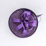 Dark aubergine purple feather large saucer disc fascinator hat