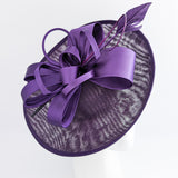 Dark aubergine purple feather large saucer disc fascinator hat