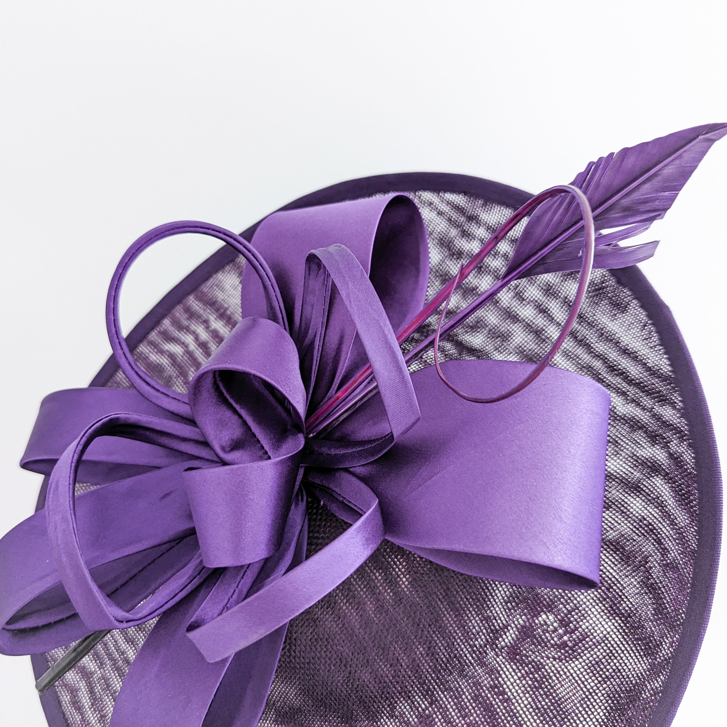 Dark aubergine purple feather large saucer disc fascinator hat