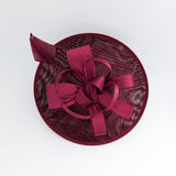 Burgundy feather large saucer disc fascinator hat