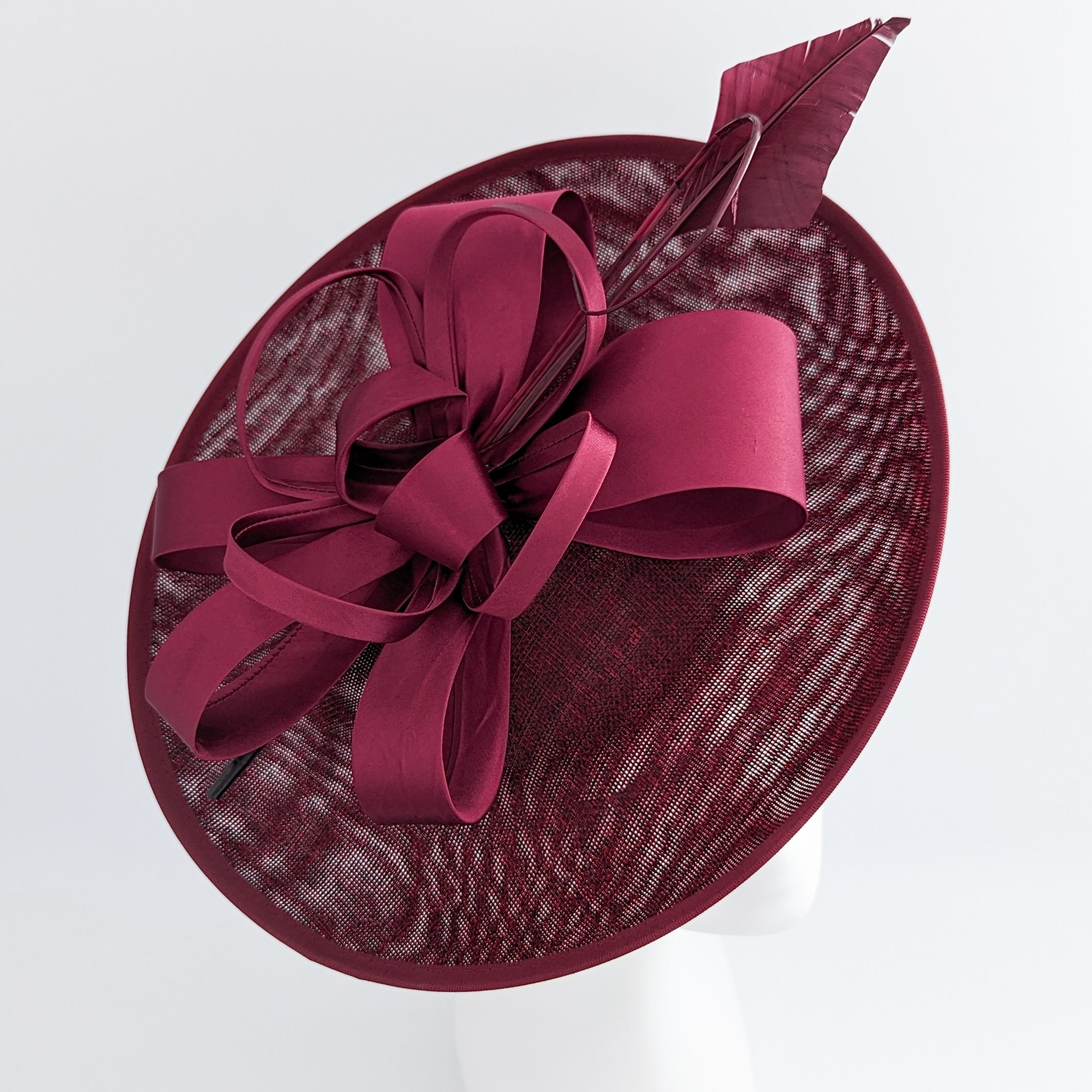 Burgundy feather large saucer disc fascinator hat