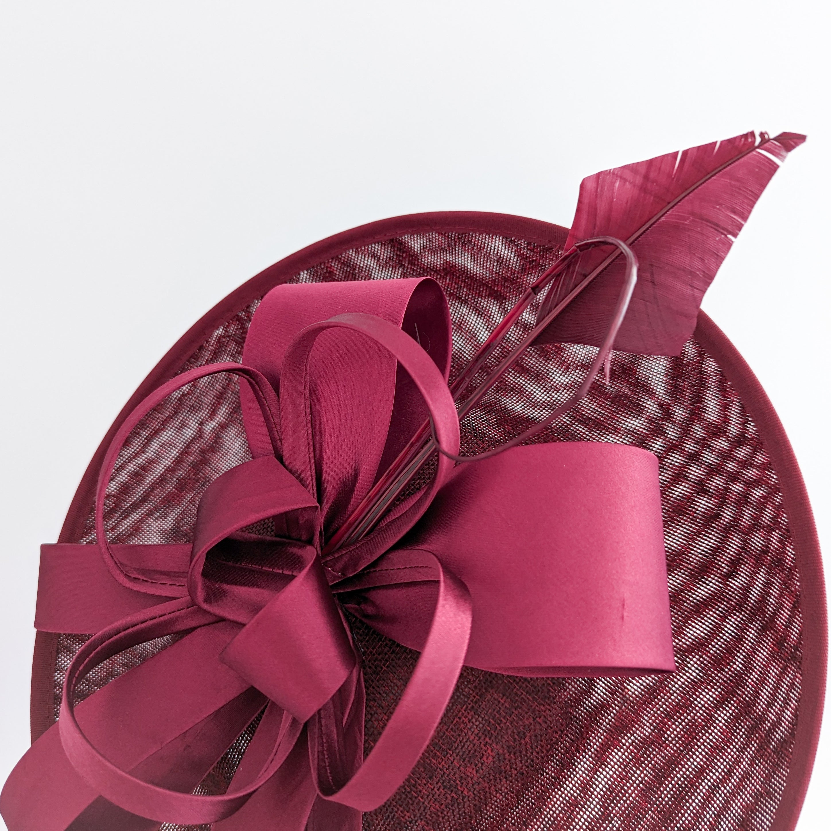 Burgundy feather large saucer disc fascinator hat