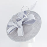 Silver feather large saucer disc fascinator hat