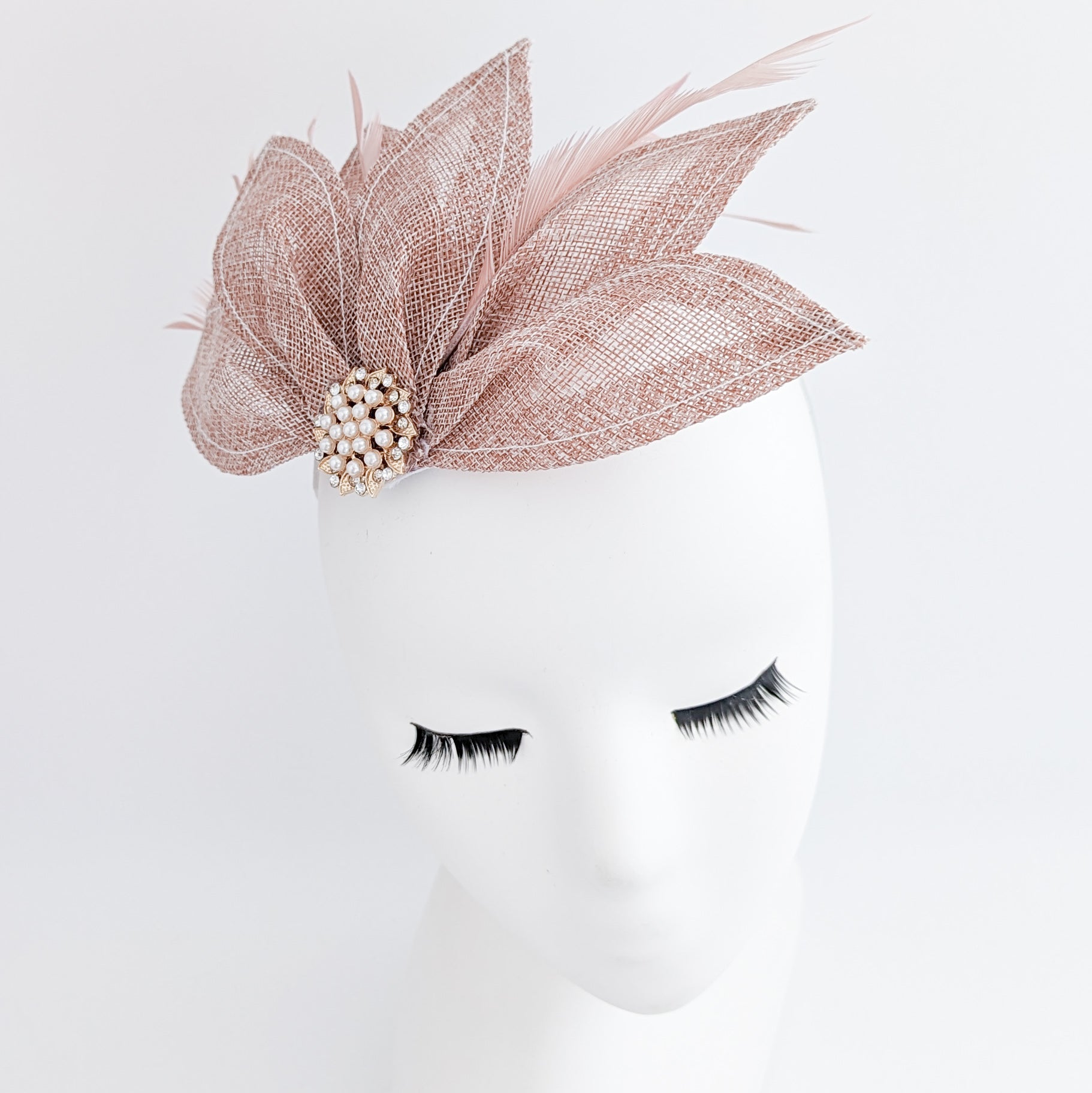 Blush pink feather petal fan fascinator hat