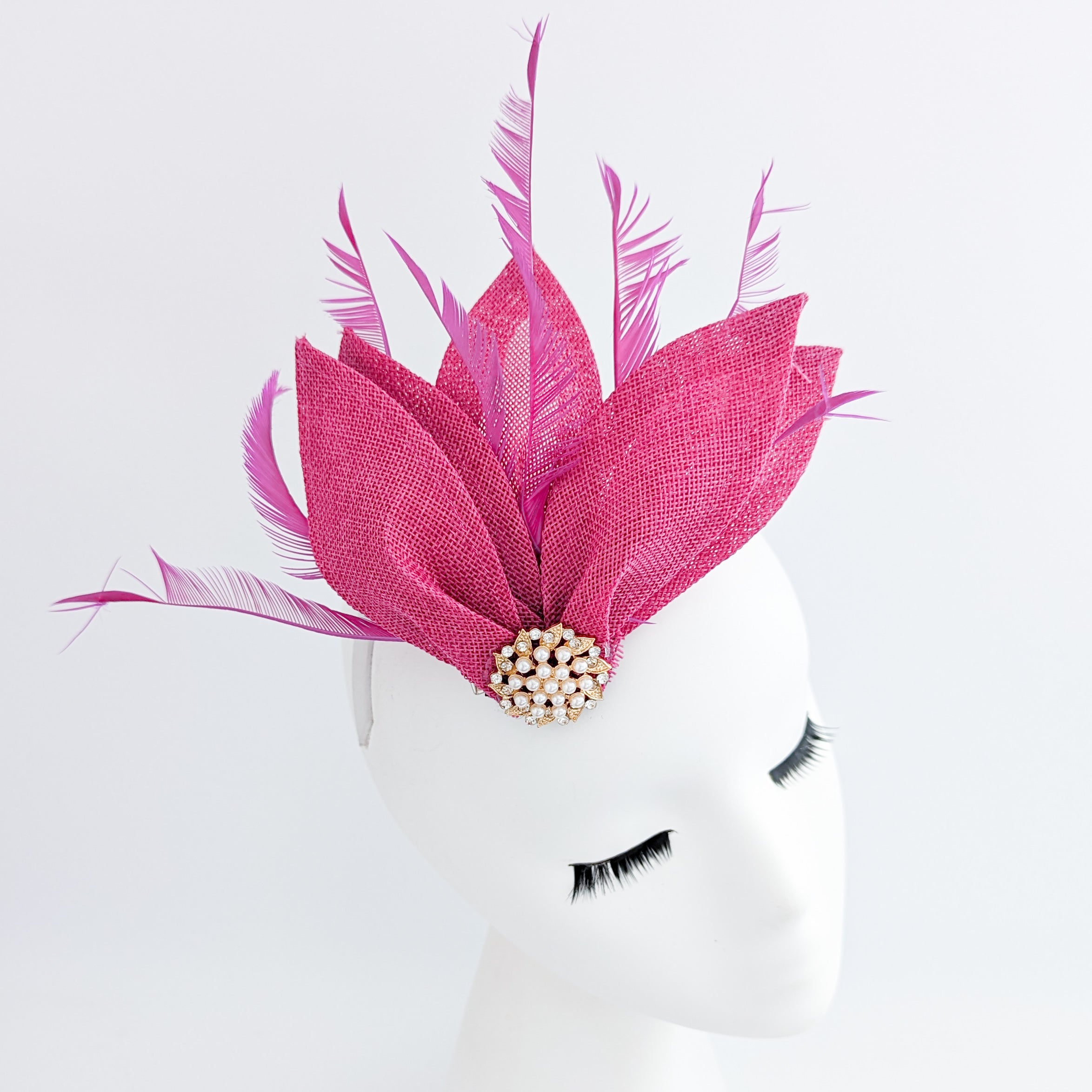 Fuchsia pink feather petal fan fascinator hat