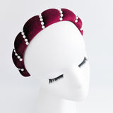 Burgundy pearl ruched padded velvet headband fascinator