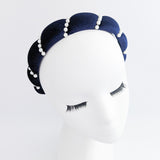 Midnight blue pearl ruched padded velvet headband fascinator